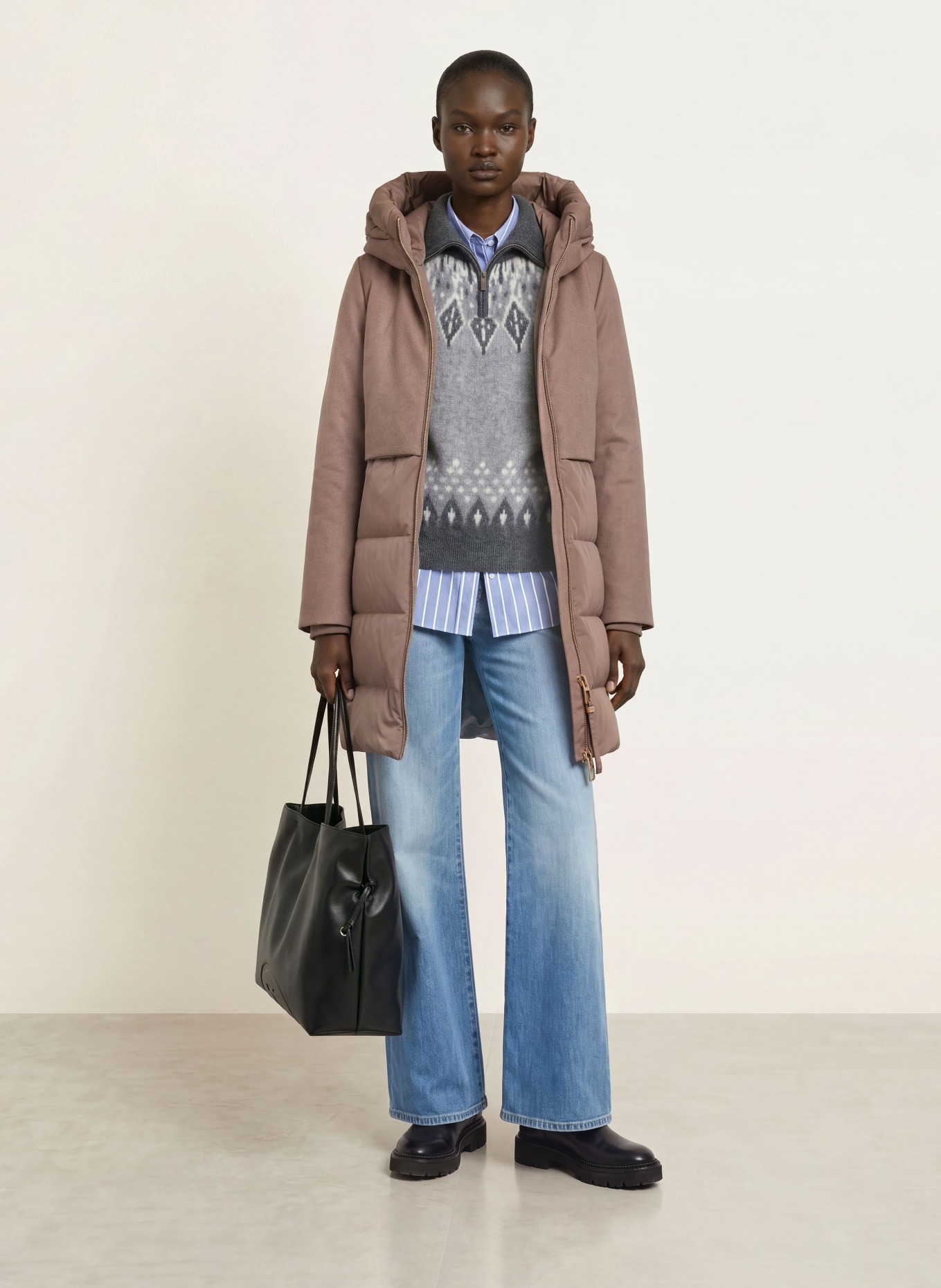 DUNO BALLON X down coat in mixed materials with detachable hood: TAUPE