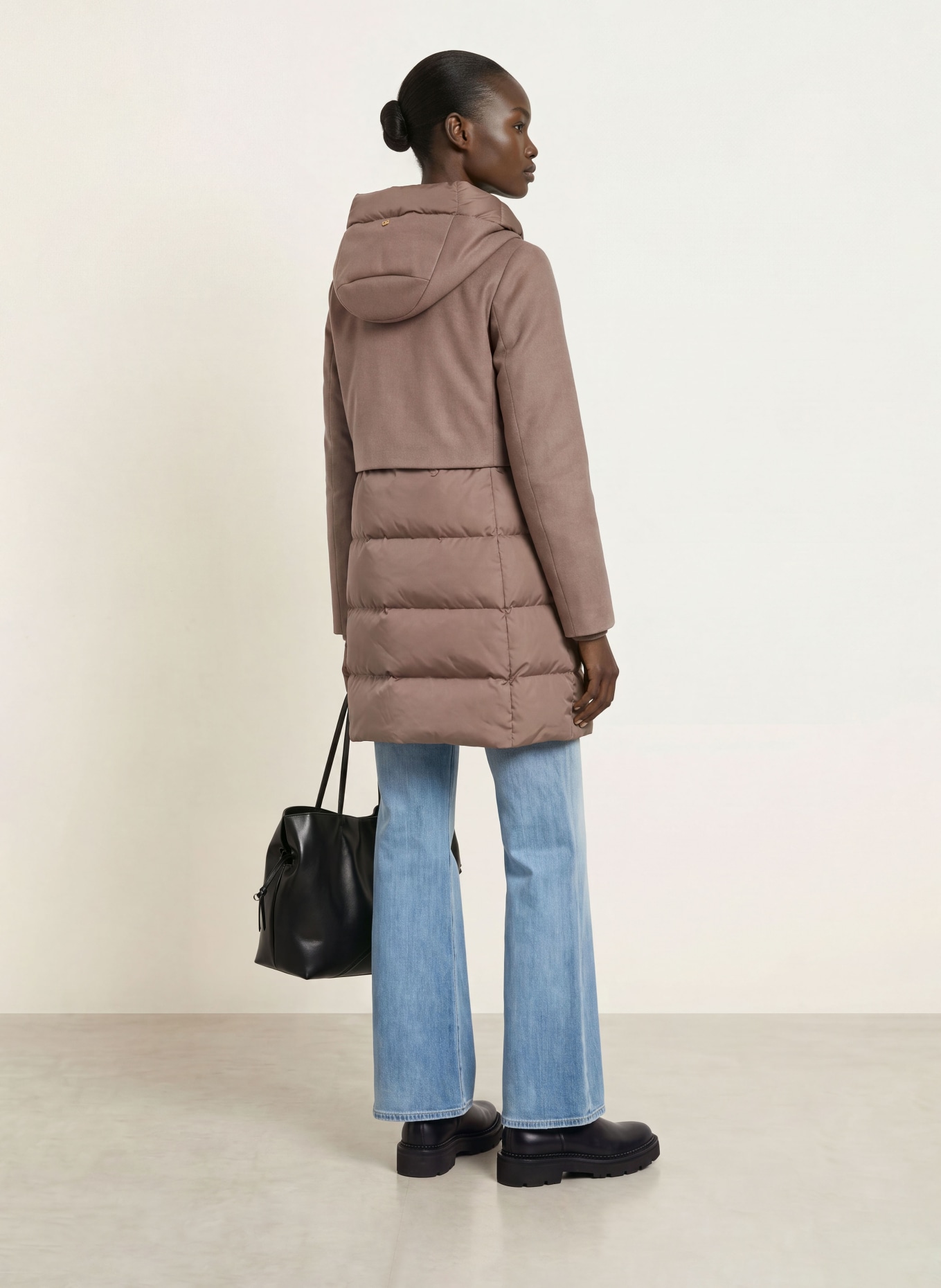 DUNO BALLON X down coat in mixed materials with detachable hood: TAUPE