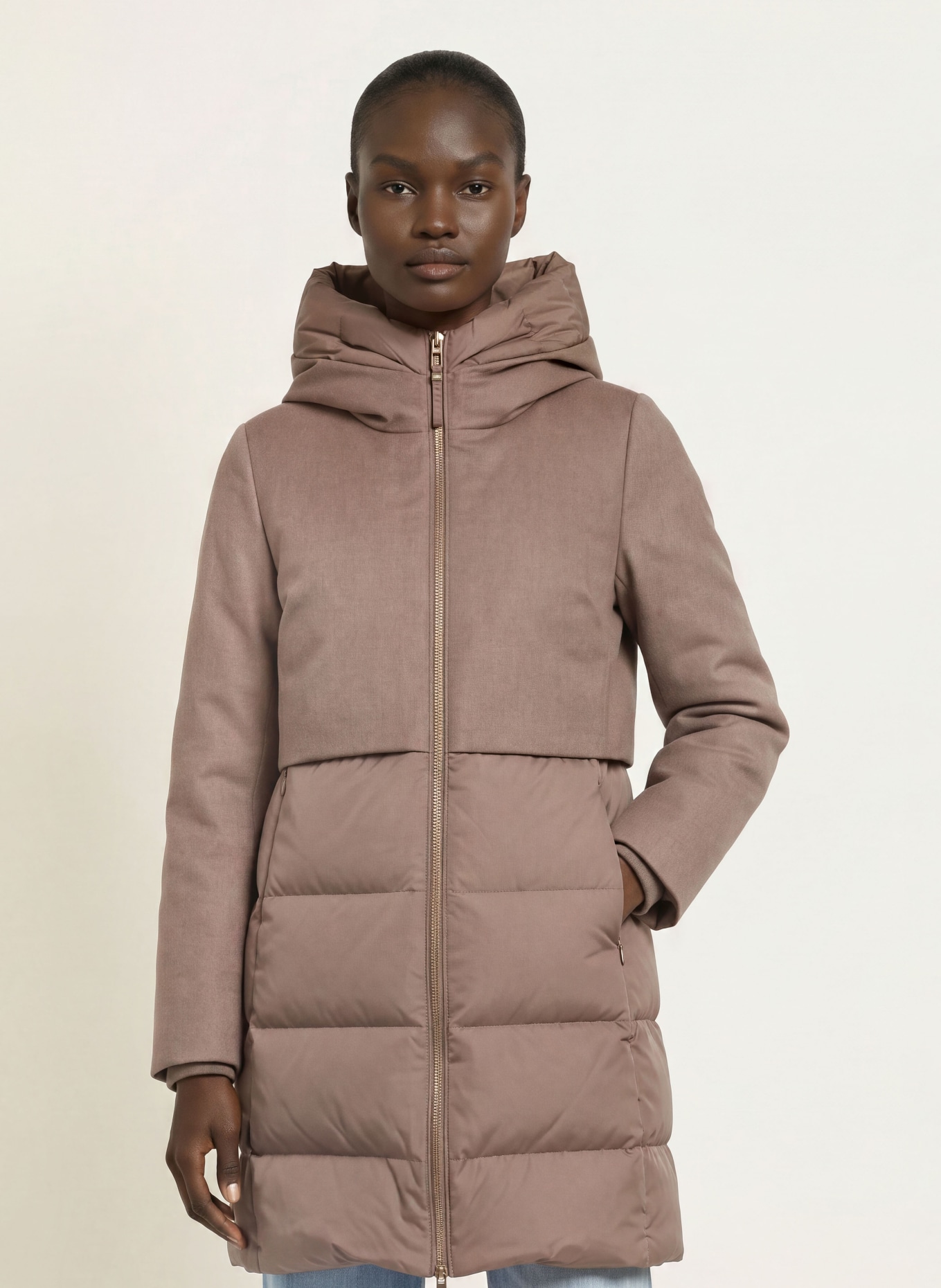 DUNO BALLON X down coat in mixed materials with detachable hood: TAUPE