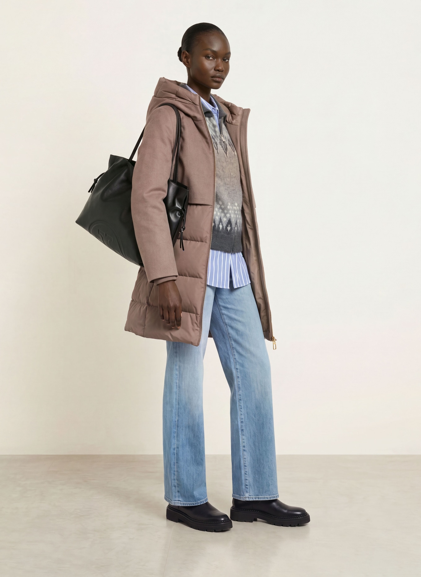 DUNO BALLON X down coat in mixed materials with detachable hood: TAUPE