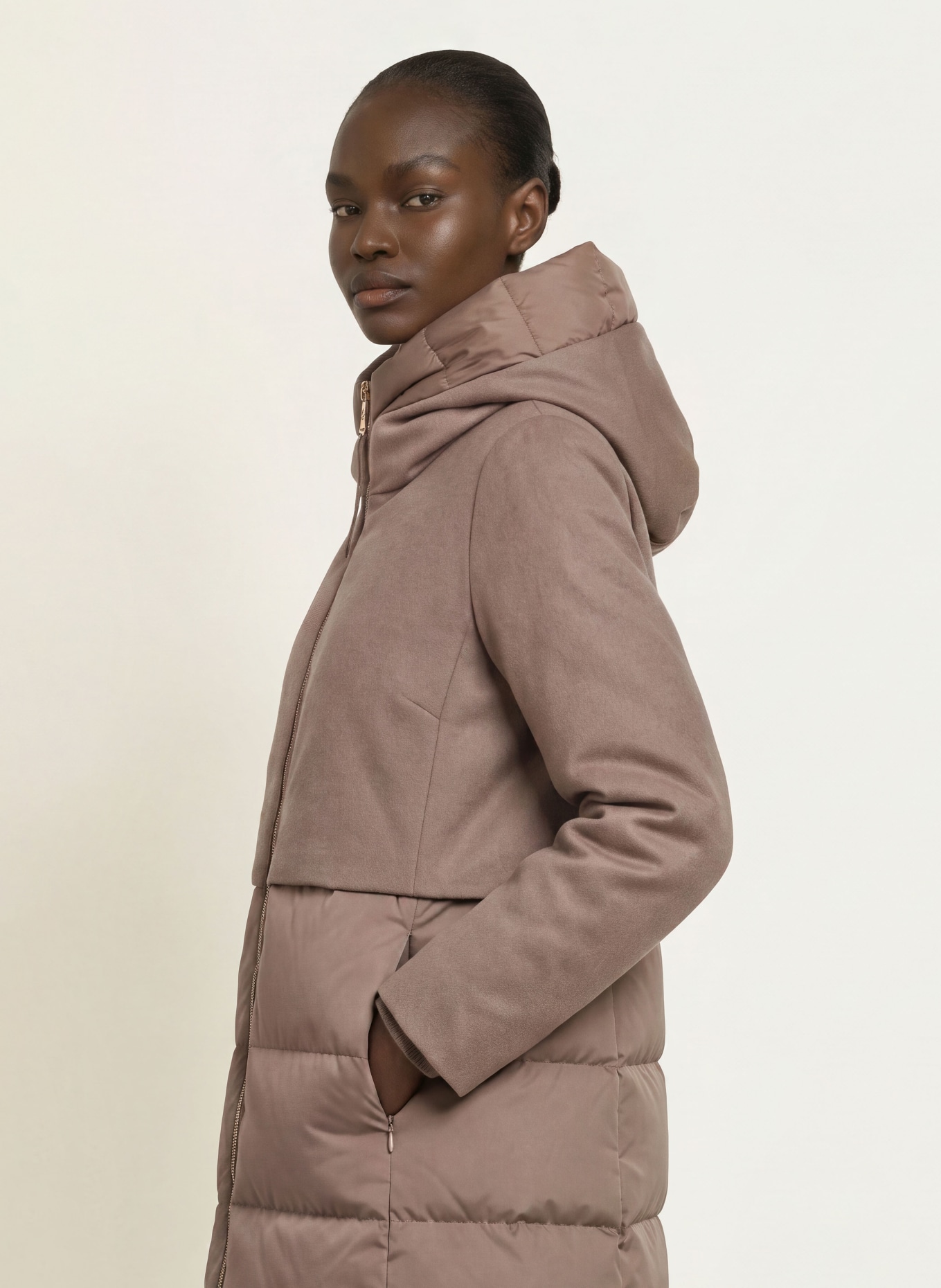 DUNO BALLON X down coat in mixed materials with detachable hood: TAUPE