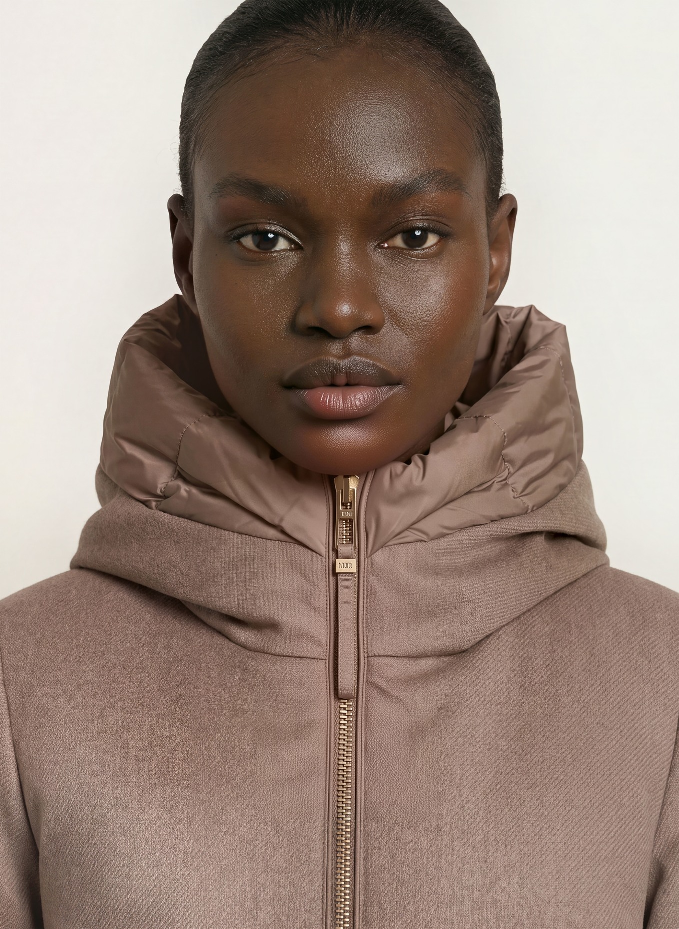 DUNO BALLON X down coat in mixed materials with detachable hood: TAUPE