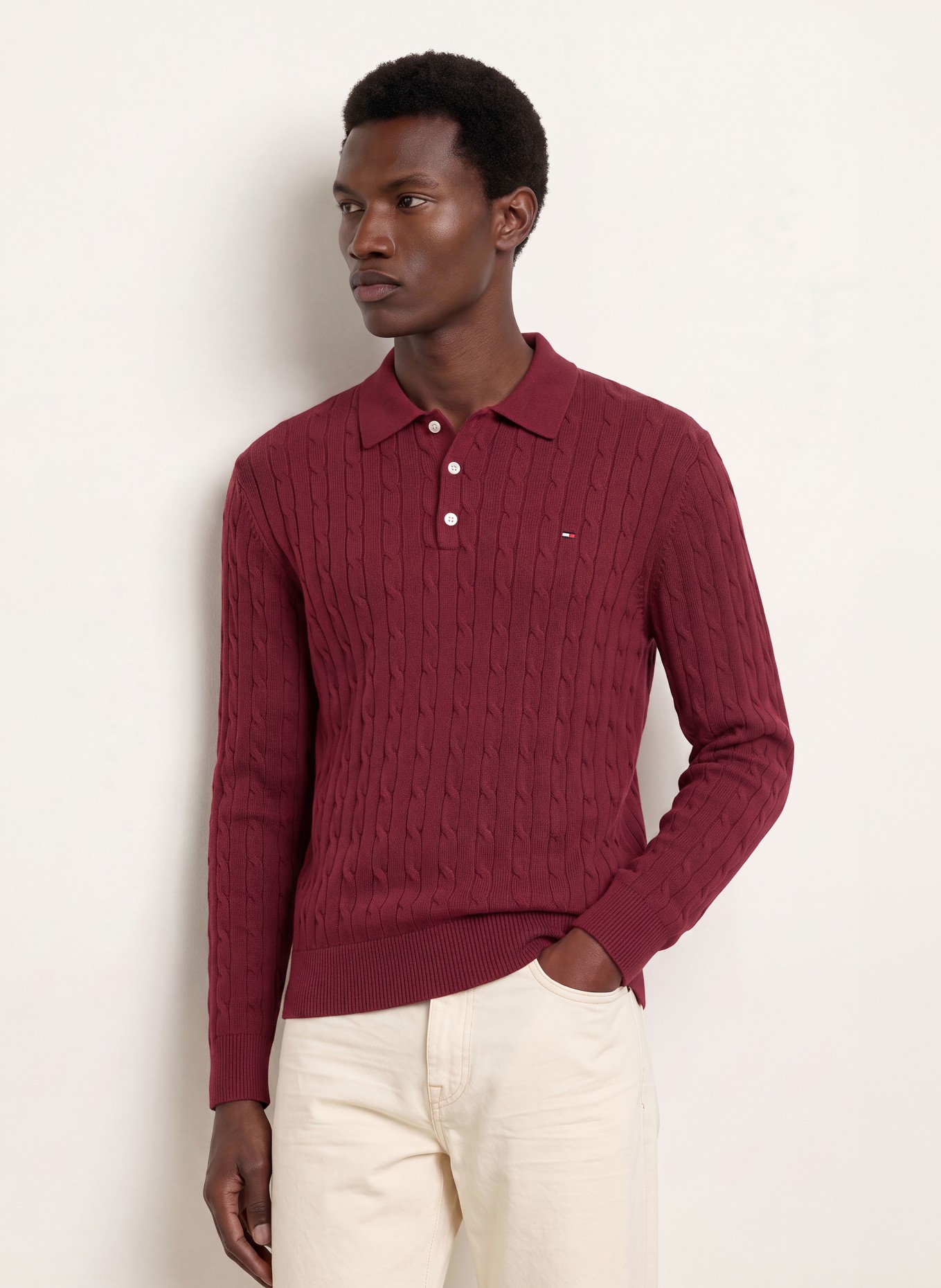 TOMMY HILFIGER Strick-Poloshirt: DUNKELROT