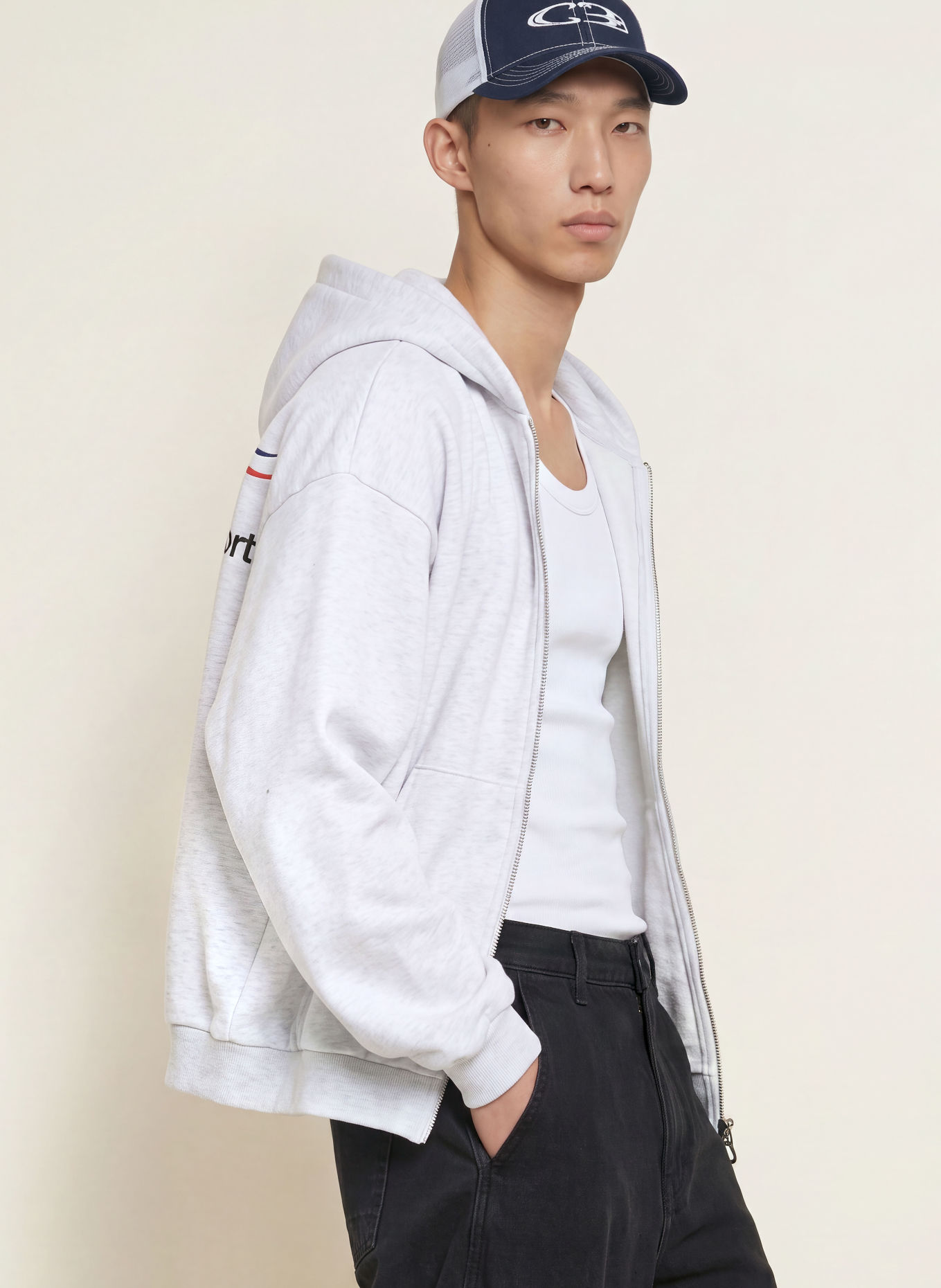 COLE BUXTON Sweat zippé CB SPORT: GRIS CLAIR / ROUGE / BLEU FONCÉ