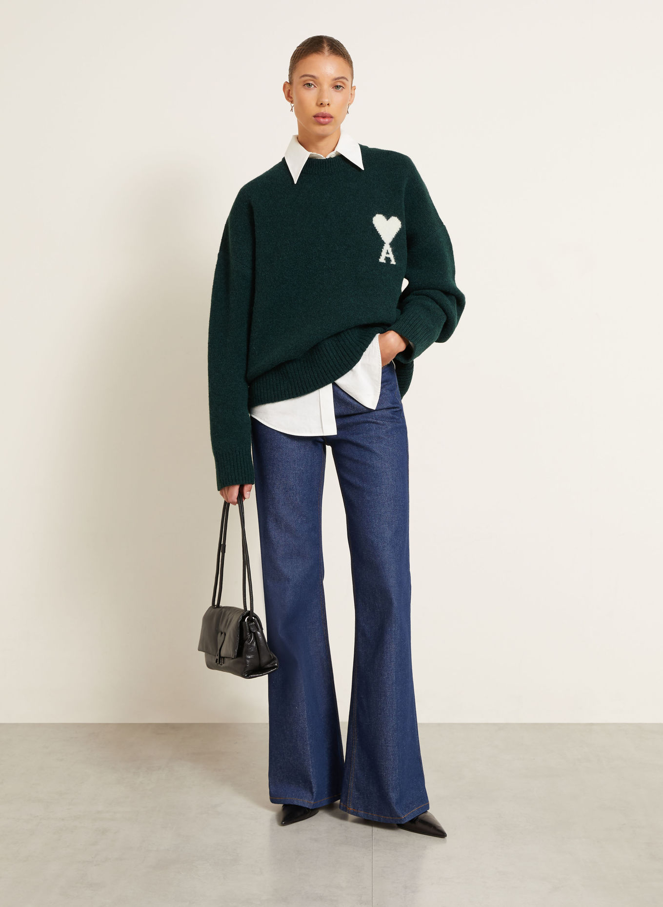 AMI PARIS Pullover mit Alpaka: DUNKELGRÜN / WEISS