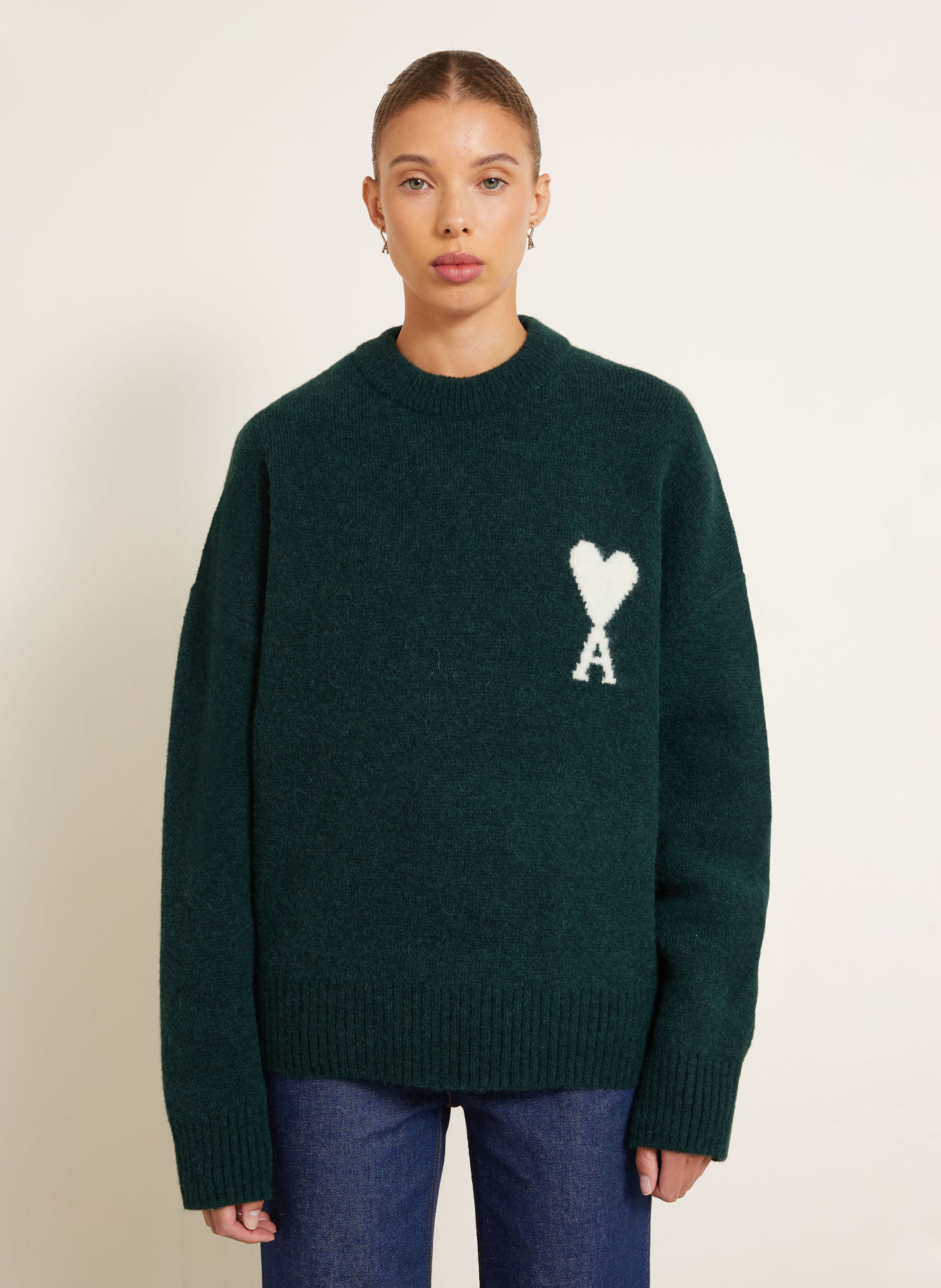 AMI PARIS Pullover mit Alpaka: DUNKELGRÜN / WEISS