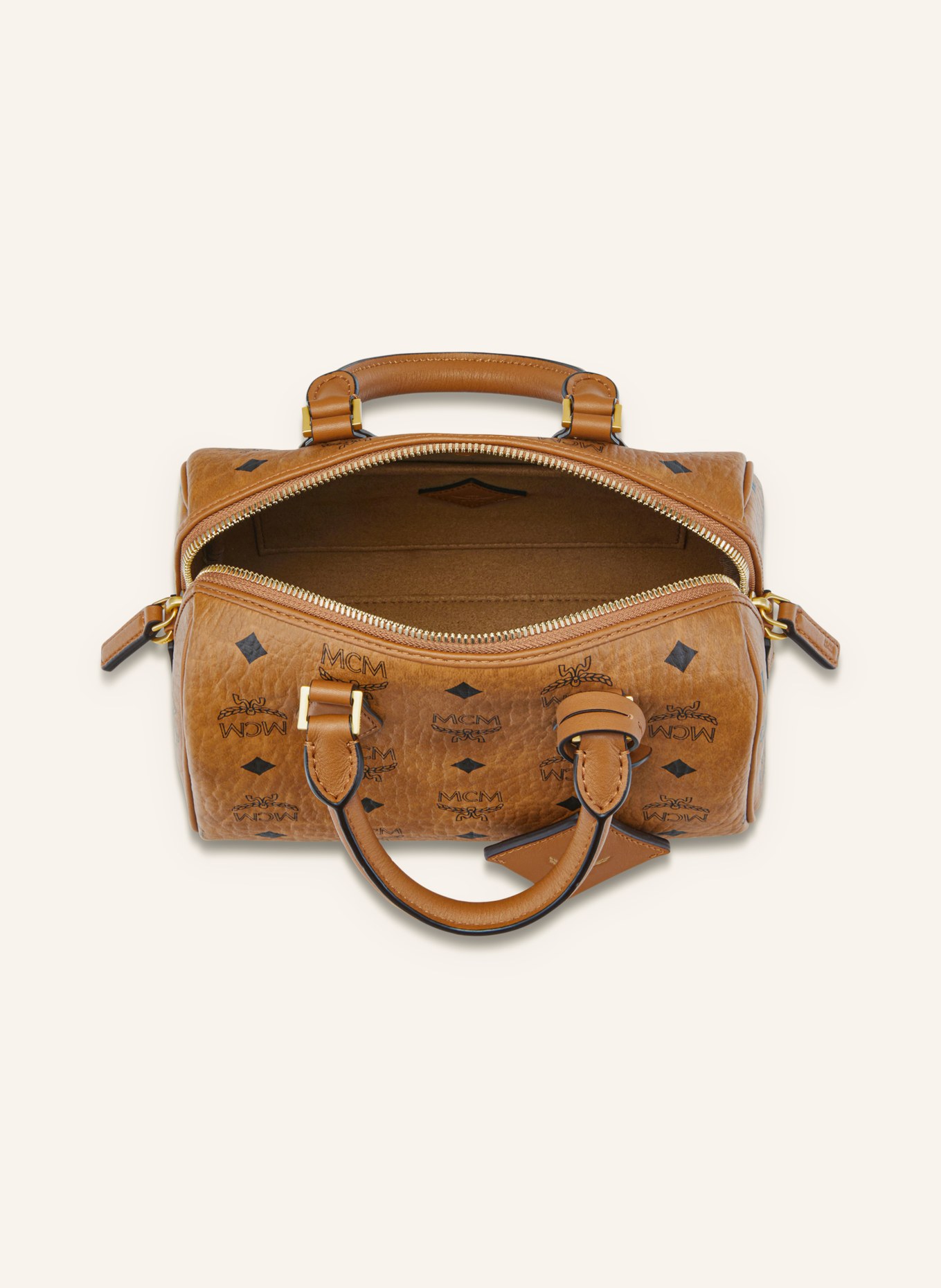 MCM ELLA BOSTON VISETOS handbag: COGNAC / GOLD / BLACK