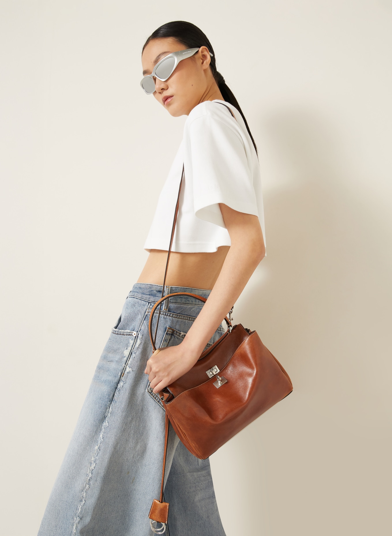 BALENCIAGA Schultertasche RODEO SMALL: BRAUN / SILBER
