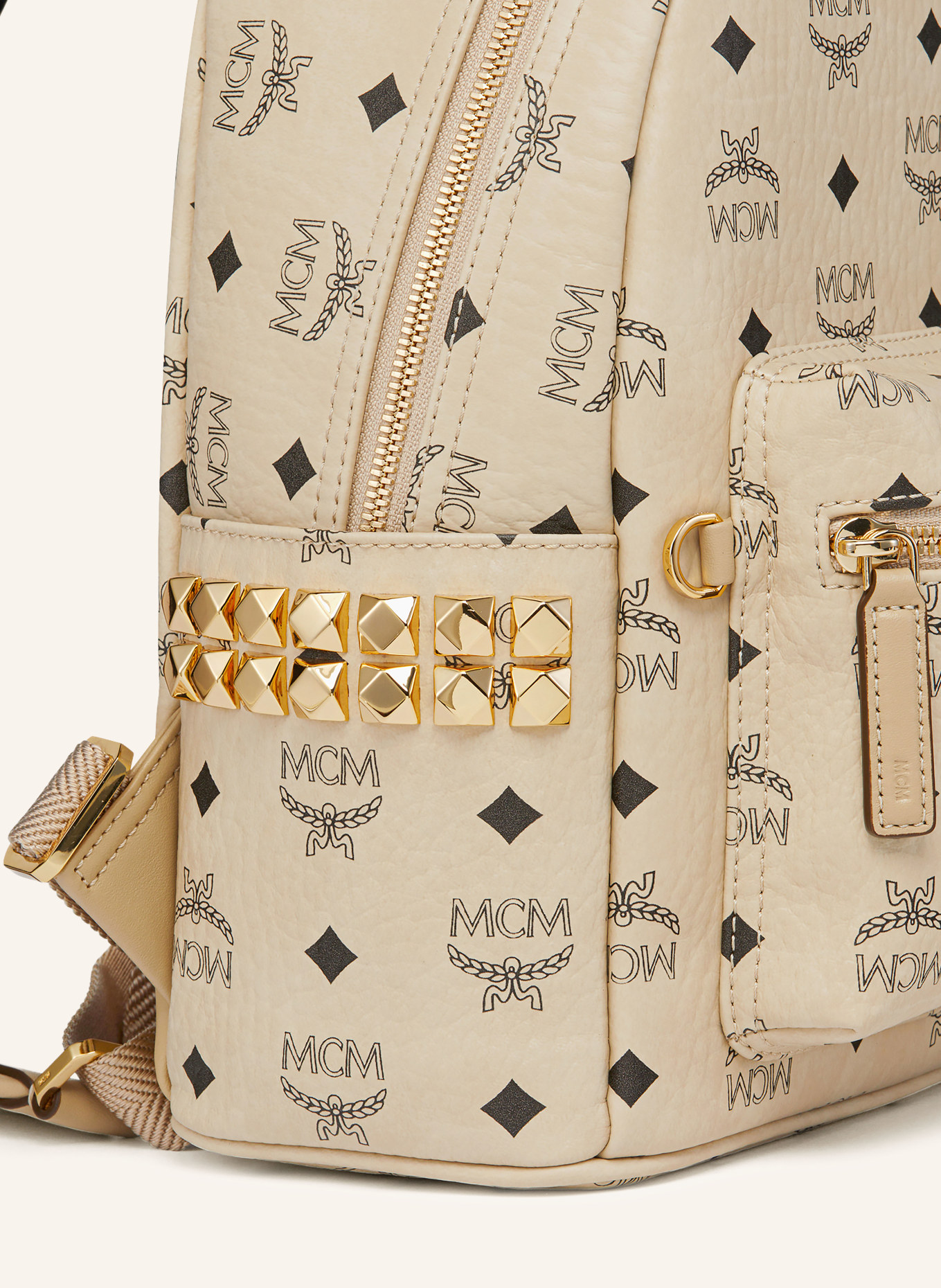 MCM STARK SMALL backpack with studs: CREAM / GOLD / BLACK