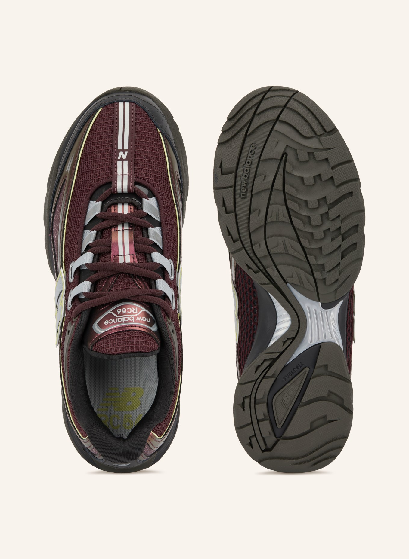 new balance RC56 Sneakers: DARK RED / LIGHT GRAY / NEON YELLOW