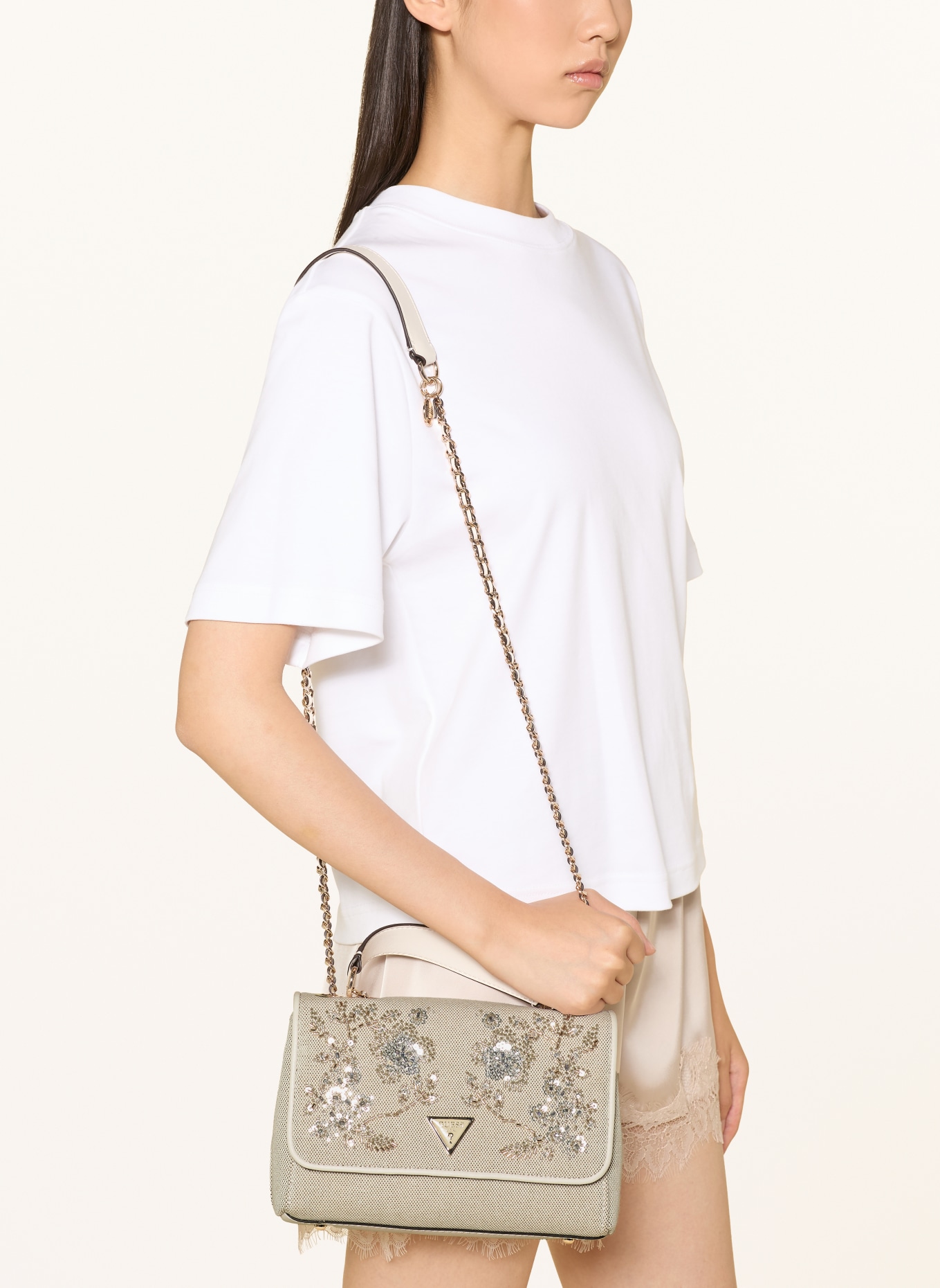 GUESS GIULLY MINI Shoulder Bag with Decorative Beads and Sequins: CREAM / GOLD