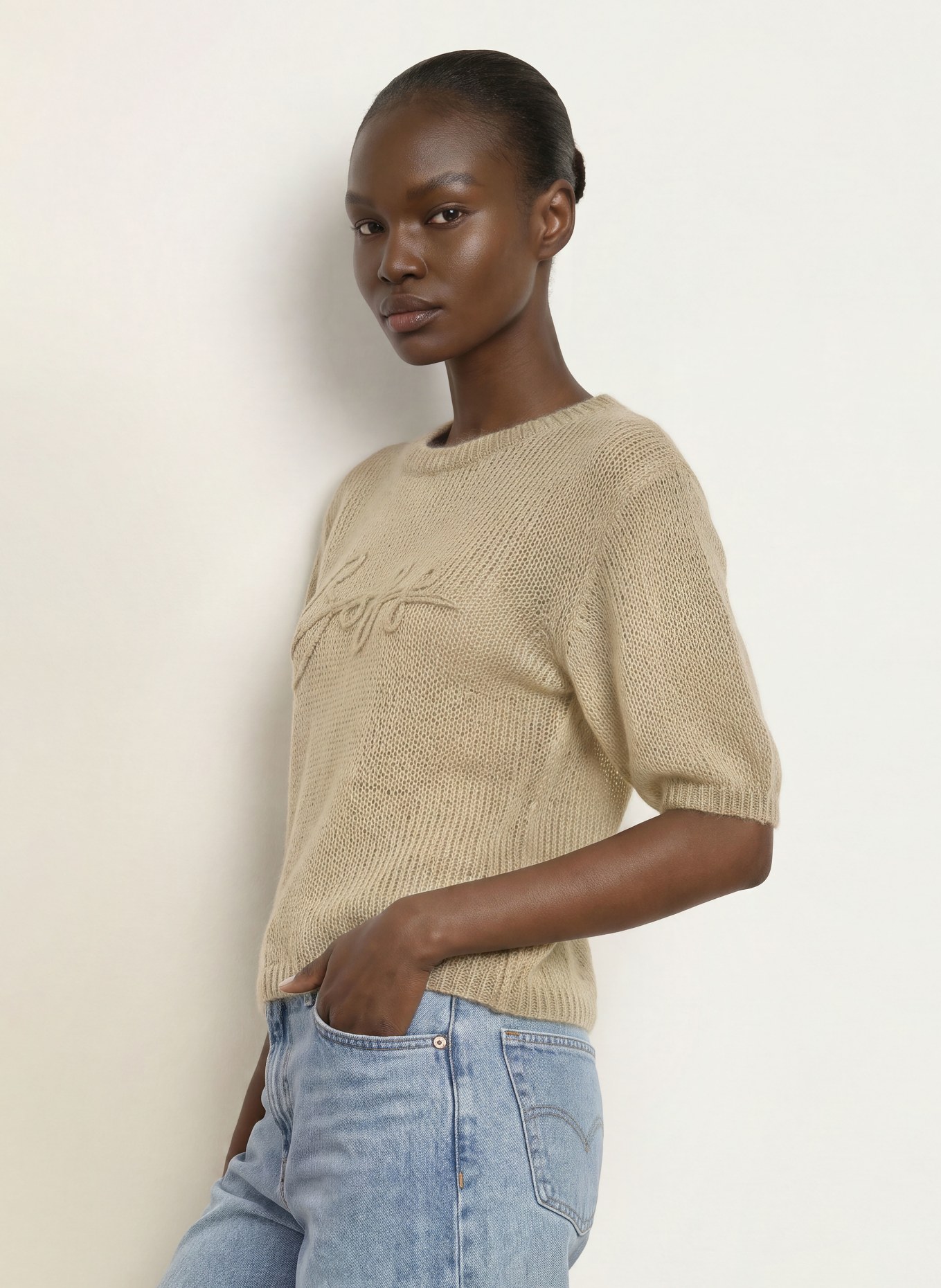 BOSS Gebreid shirt FAREZZA met mohair: BEIGE