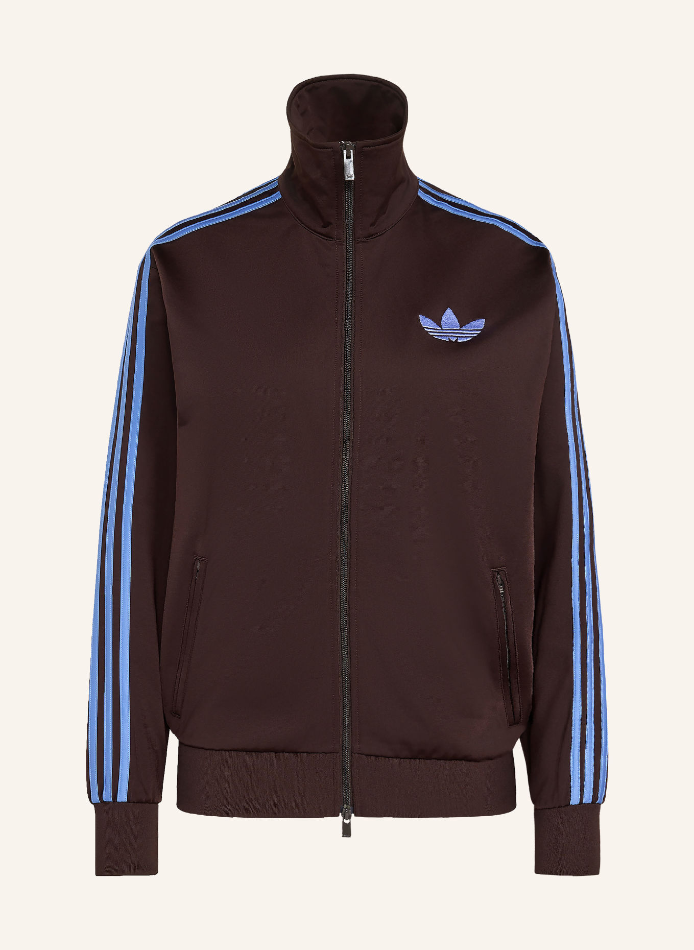adidas Originals Bunda FIREBIRD LOOSE: TMAVĚ HNĚDÁ / NEONOVĚ MODRÁ