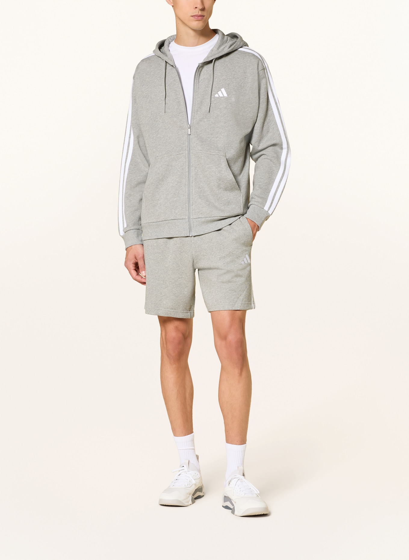 adidas ESSENTIALS 3-Stripe Zip-up Sweatshirt Jacket: GRAY / WHITE