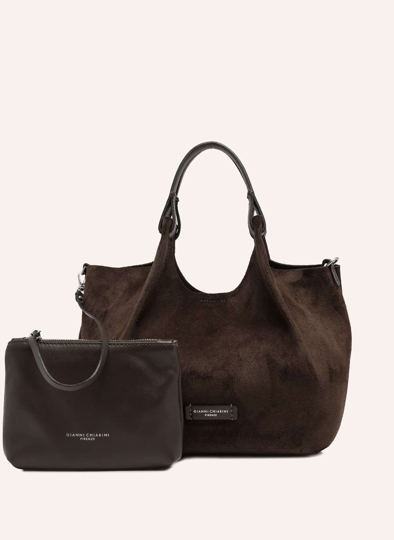 GIANNI CHIARINI Handtas DUA MEDIUM met Pouch: MARRON FONCÉ / ZILVER