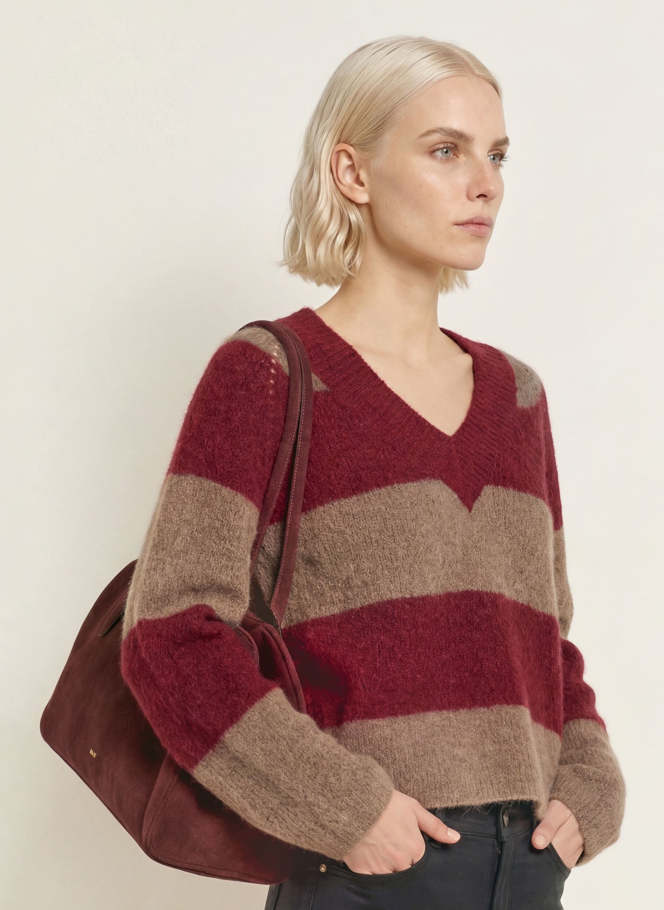 MOS MOSH Pull MMTACI en alpaga: ROUGE FONCÉ / TAUPE