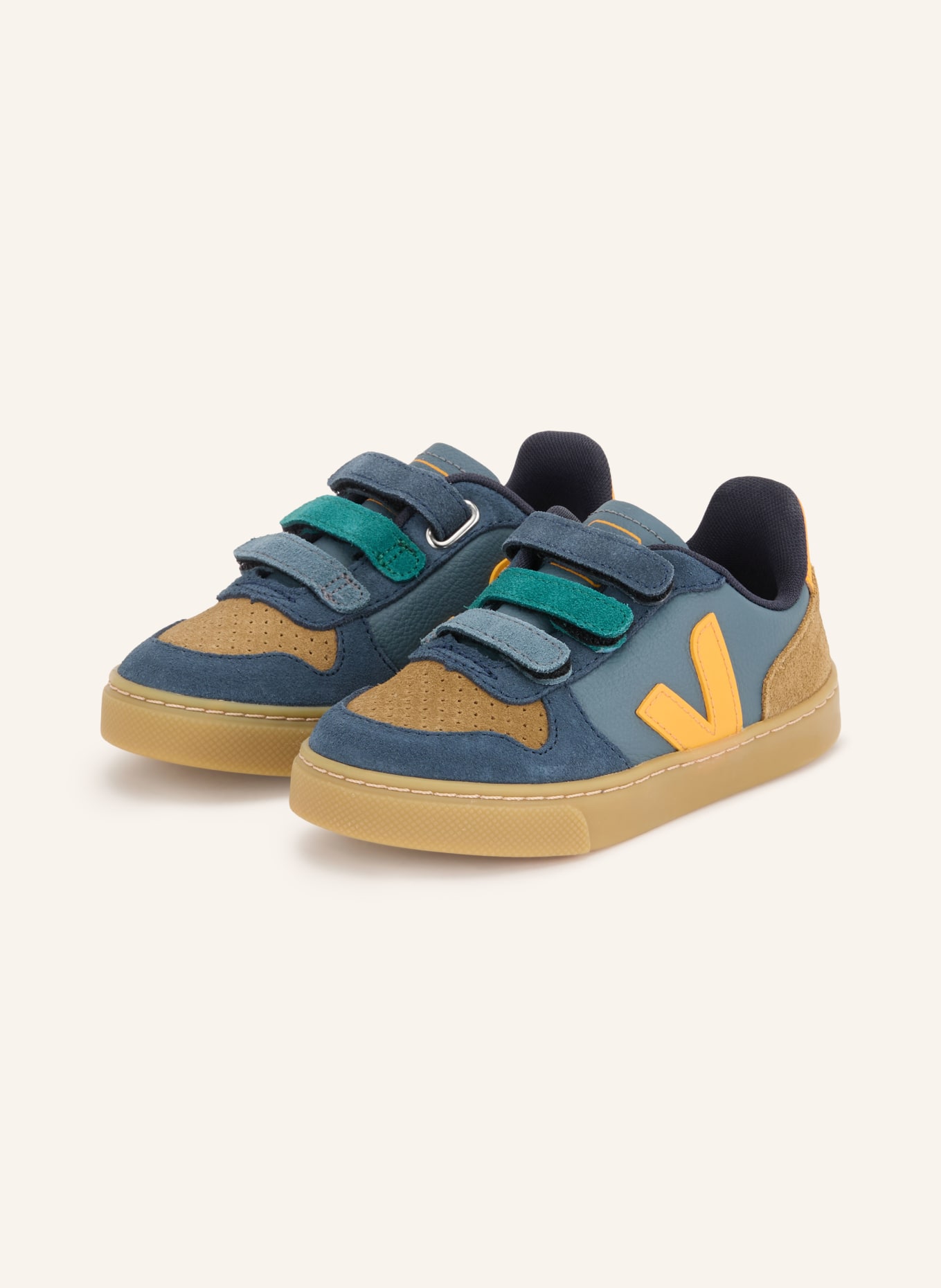 VEJA Sneakers SMALL V-10: DONKERBLAUW / CAMEL / ORANJE