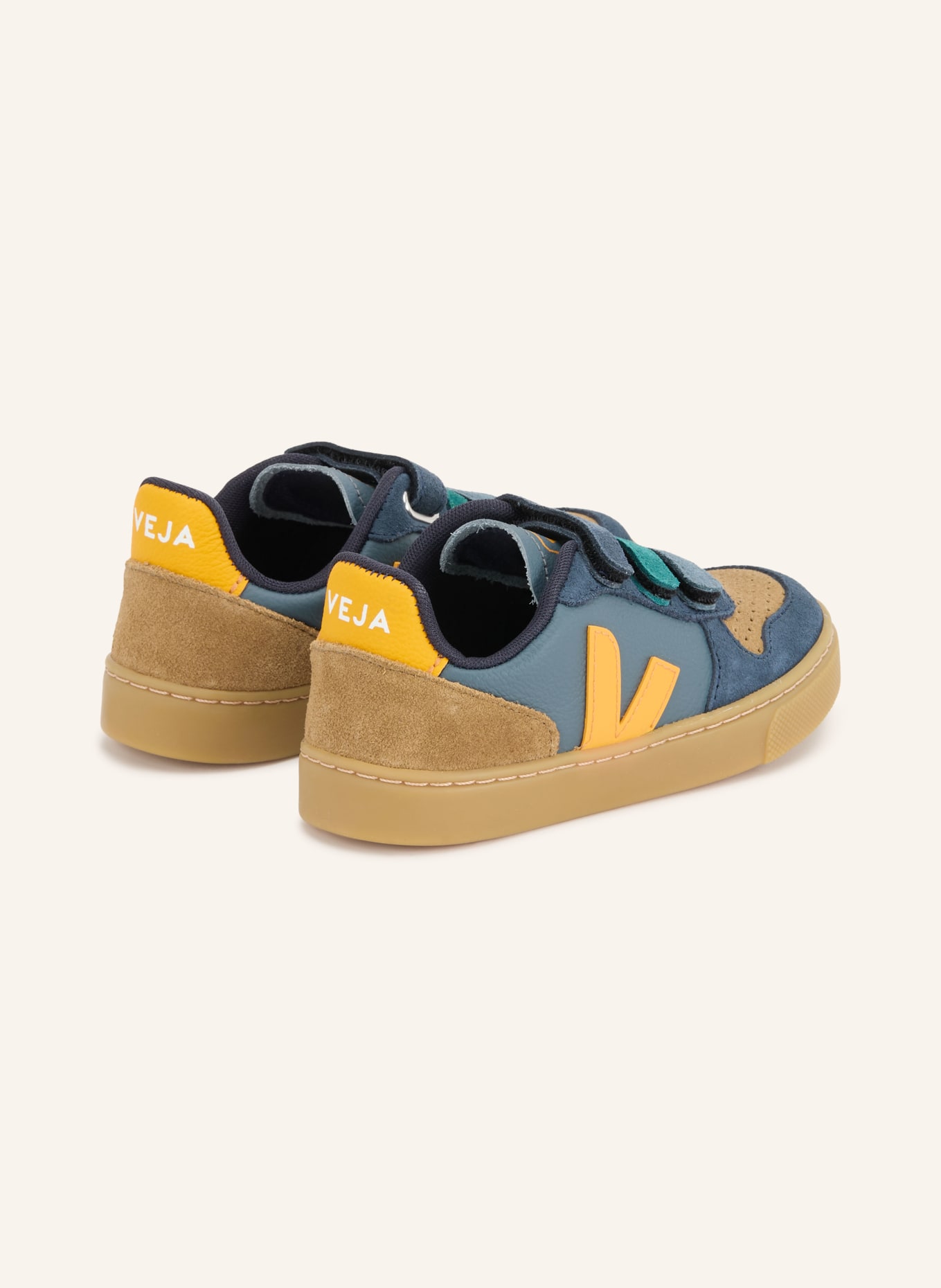 VEJA Sneakers SMALL V-10: DONKERBLAUW / CAMEL / ORANJE