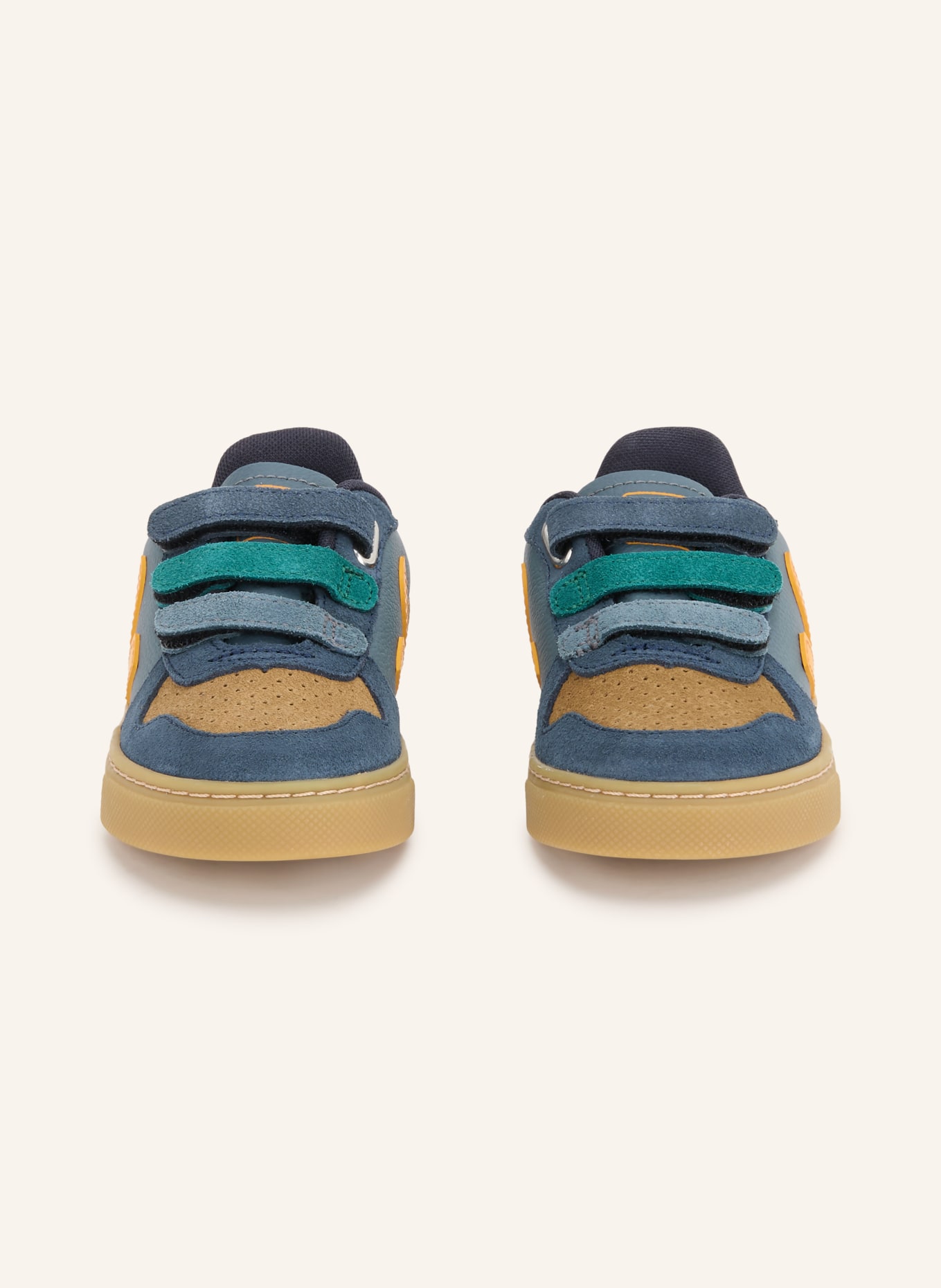 VEJA Sneakers SMALL V-10: DONKERBLAUW / CAMEL / ORANJE