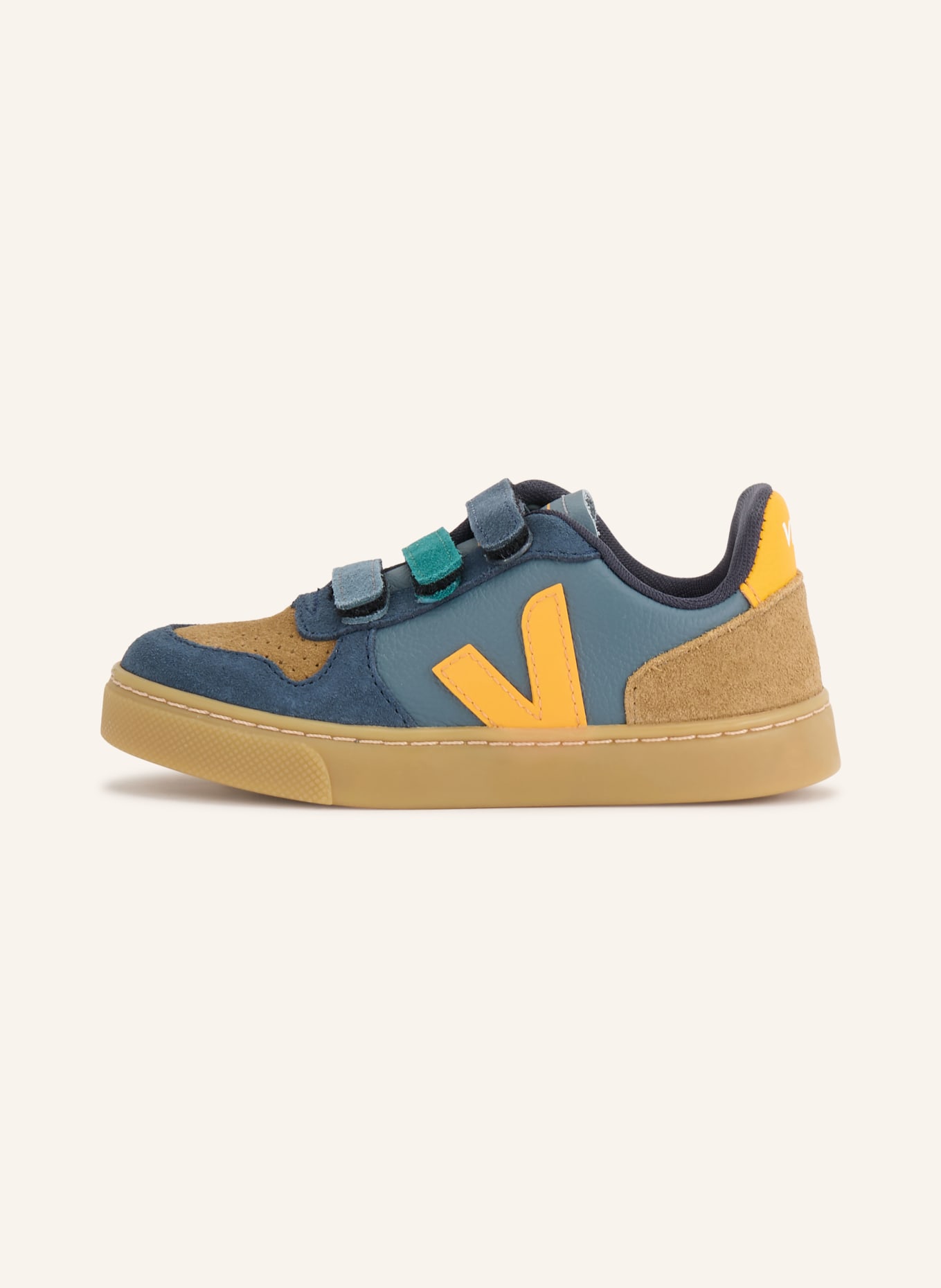 VEJA Sneakers SMALL V-10: DONKERBLAUW / CAMEL / ORANJE