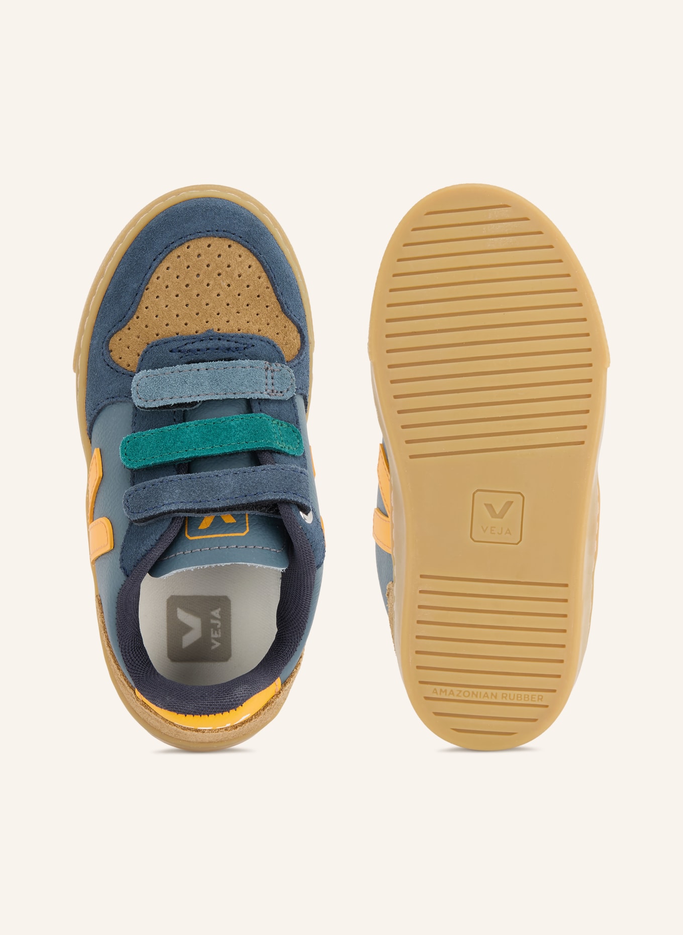 VEJA Sneakers SMALL V-10: DONKERBLAUW / CAMEL / ORANJE