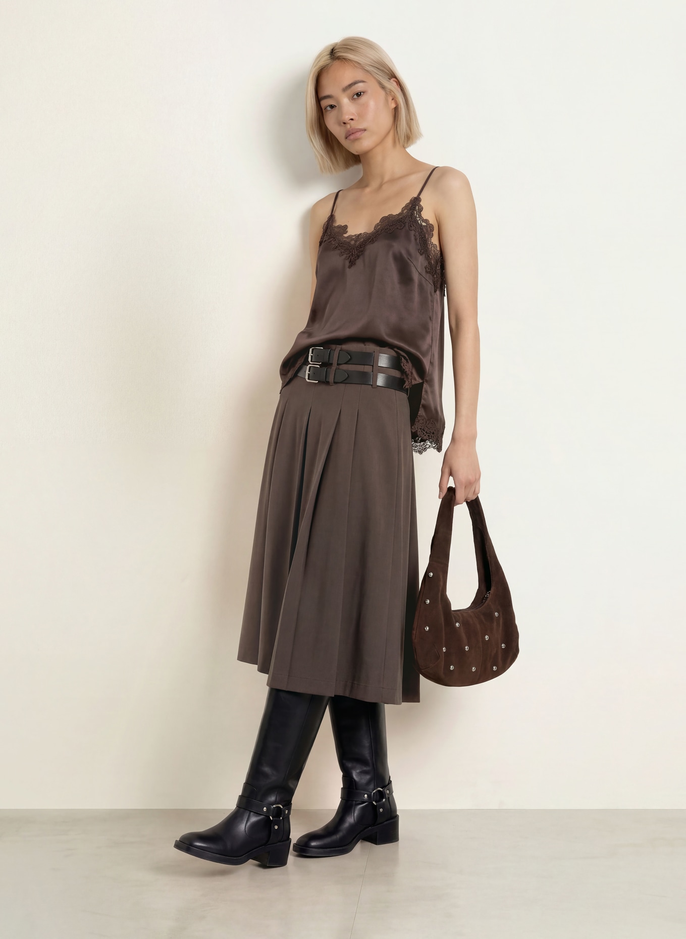 CPH MUSE Haut en satin CMSILIA avec de la soie et de la dentelle: MARRON FONCÉ
