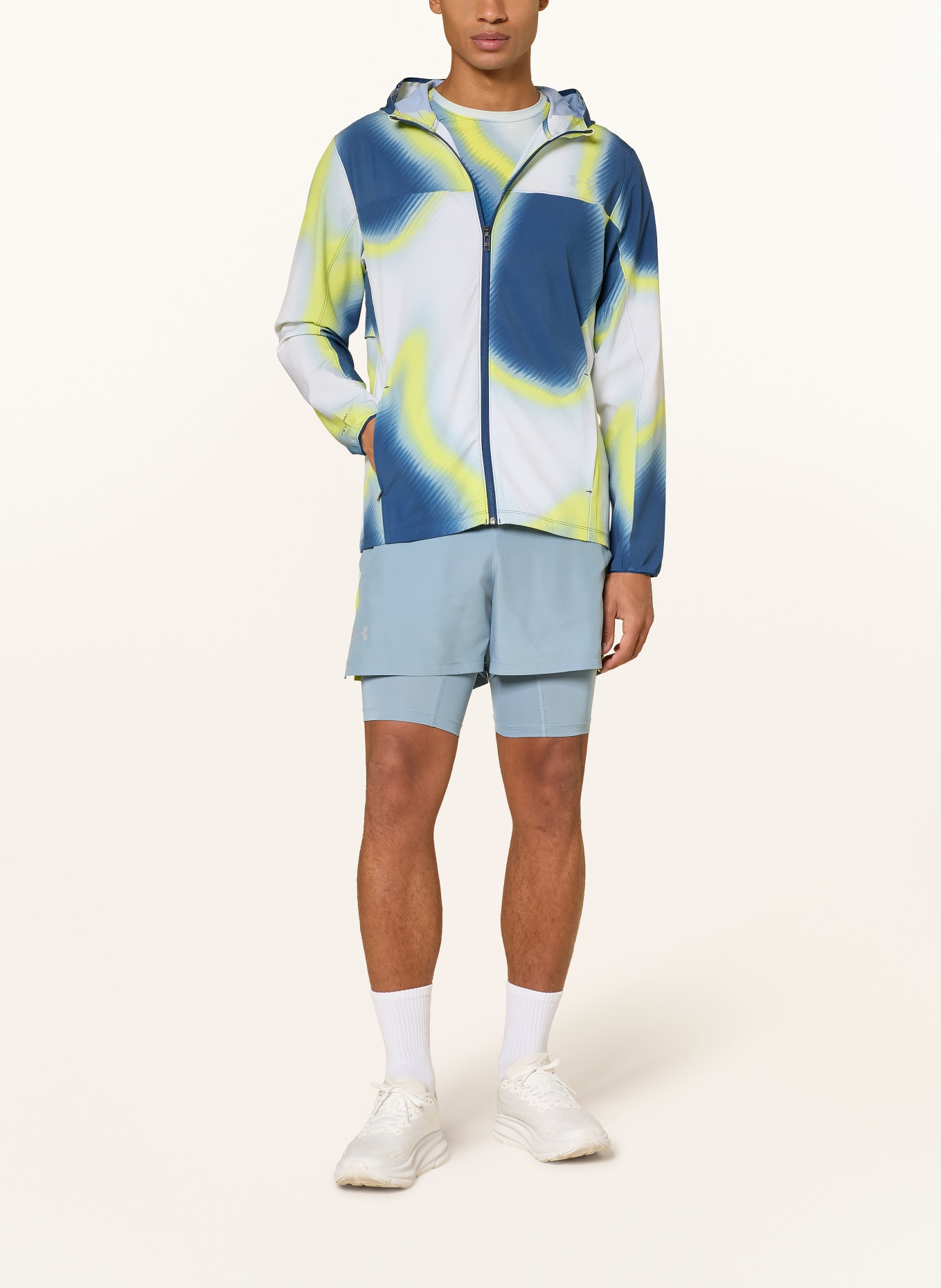UNDER ARMOUR UA VELOCITI STORM Running Jacket: DARK BLUE / LIGHT GRAY / NEON YELLOW