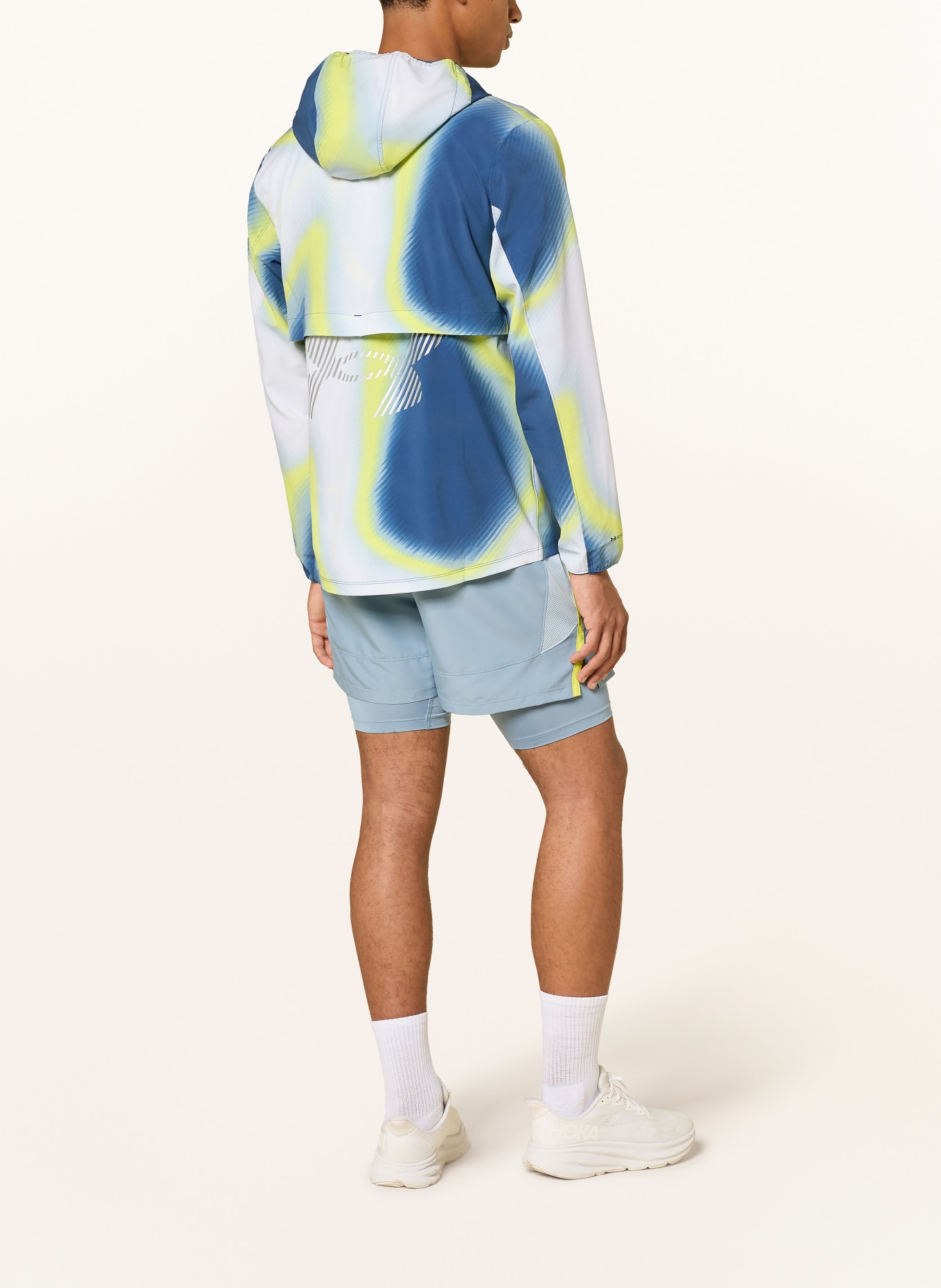 UNDER ARMOUR UA VELOCITI STORM Running Jacket: DARK BLUE / LIGHT GRAY / NEON YELLOW