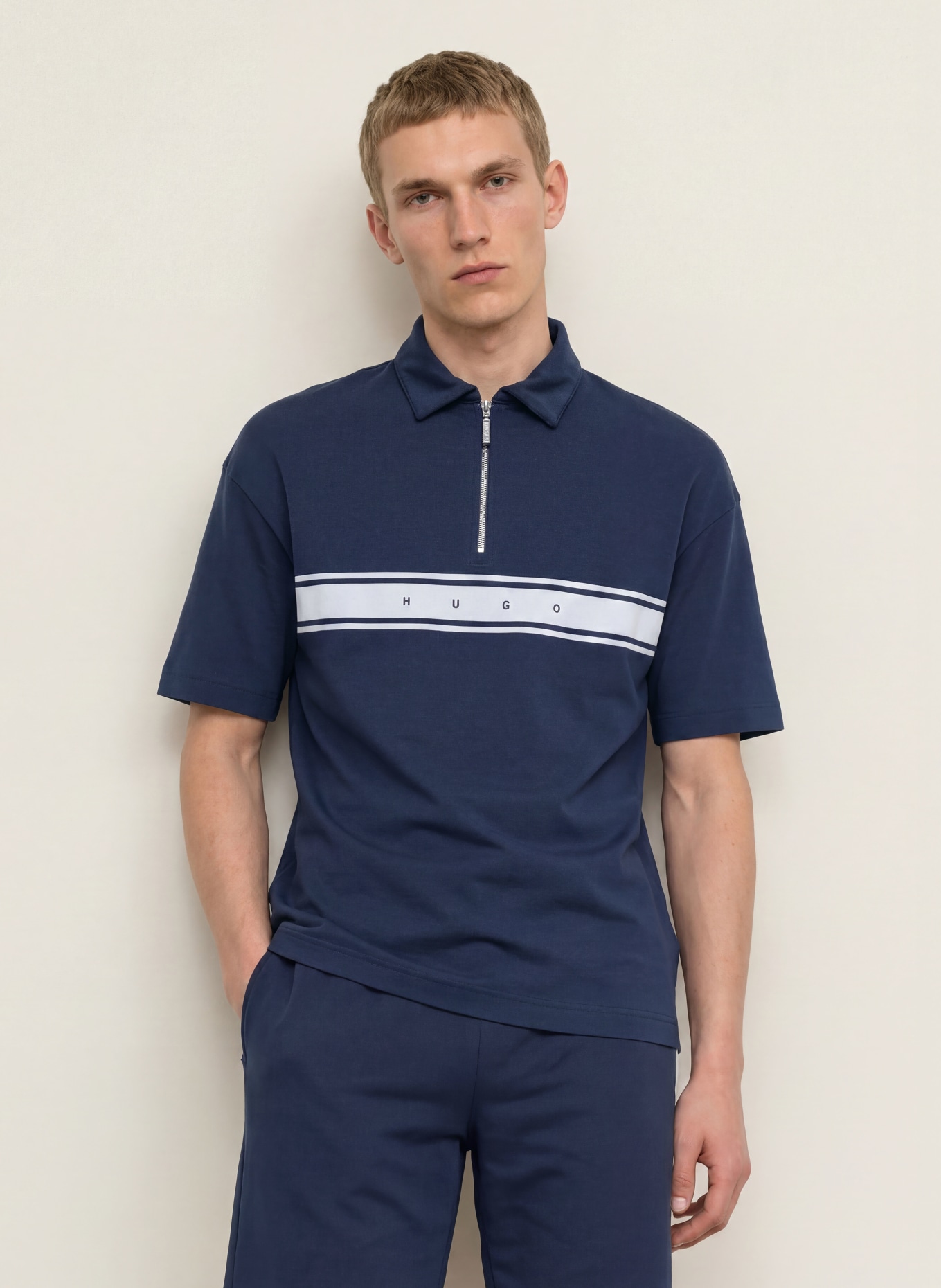 HUGO Loungeshirt NAUTIX: DONKERBLAUW / LICHTGRIJS