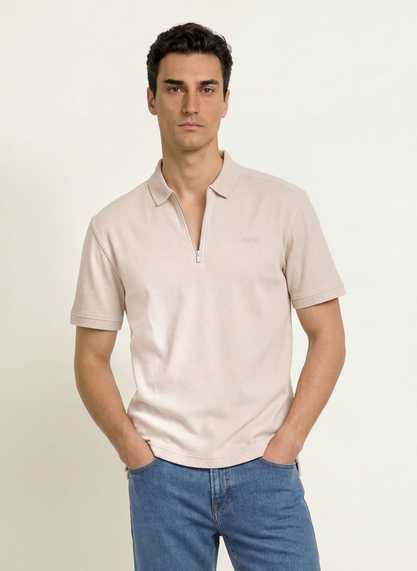 BOSS Tricou polo din jersey RIBNYLON: BEJ