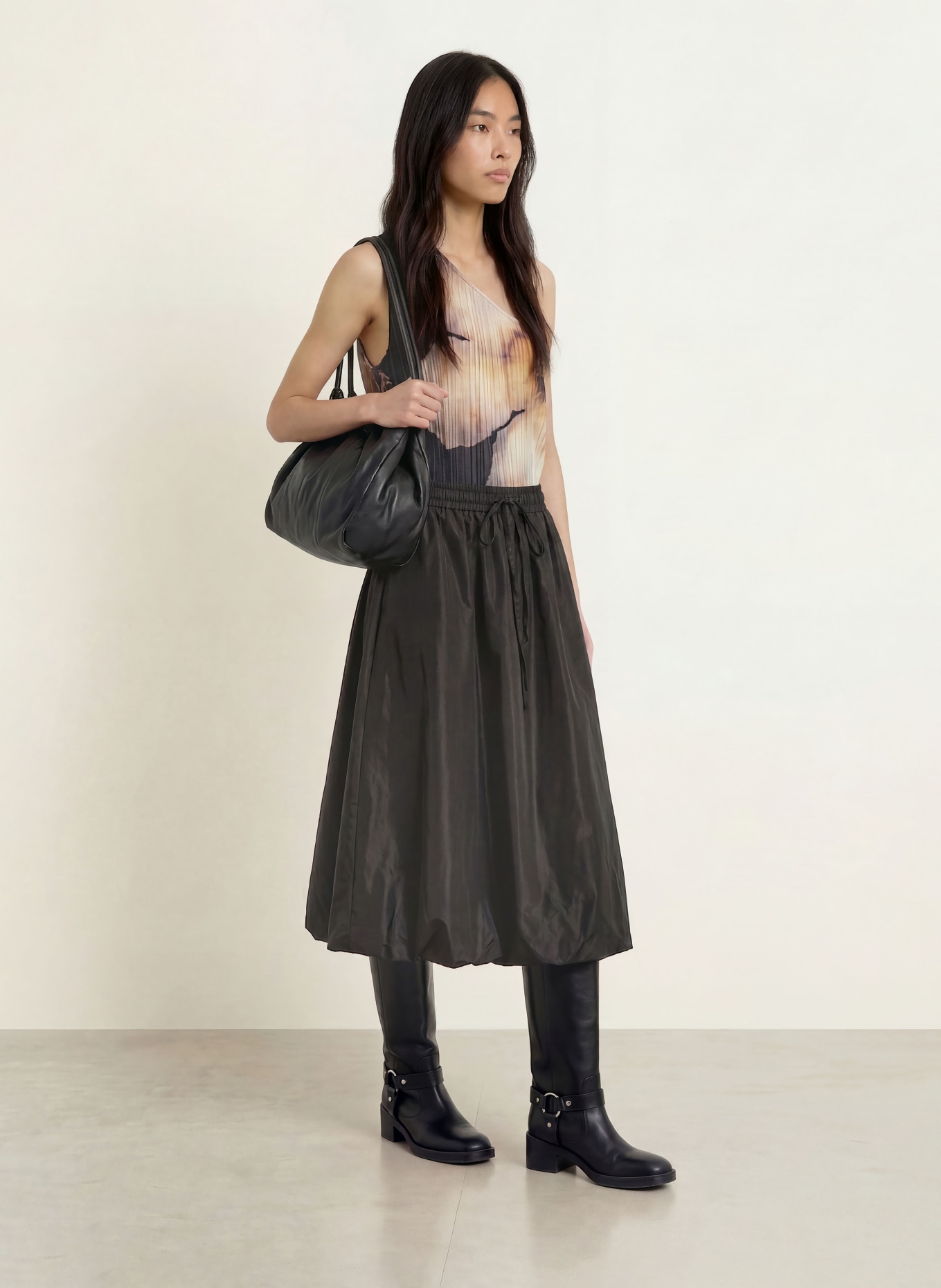 ESTHÉ One-Shoulder-Top mit Plissees: SCHWARZ / BEIGE / HELLGELB