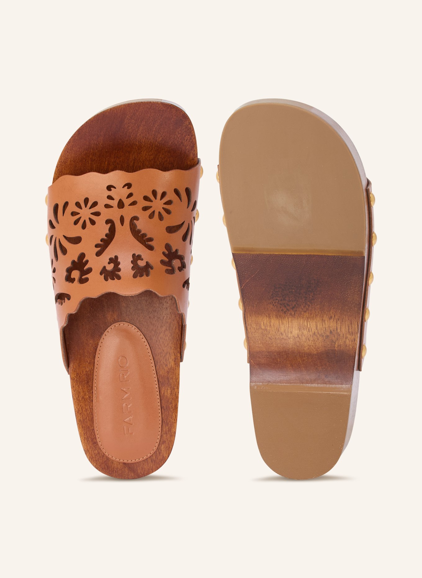 FARM RIO Clogs with studs and cutouts: BROWN / GOLD