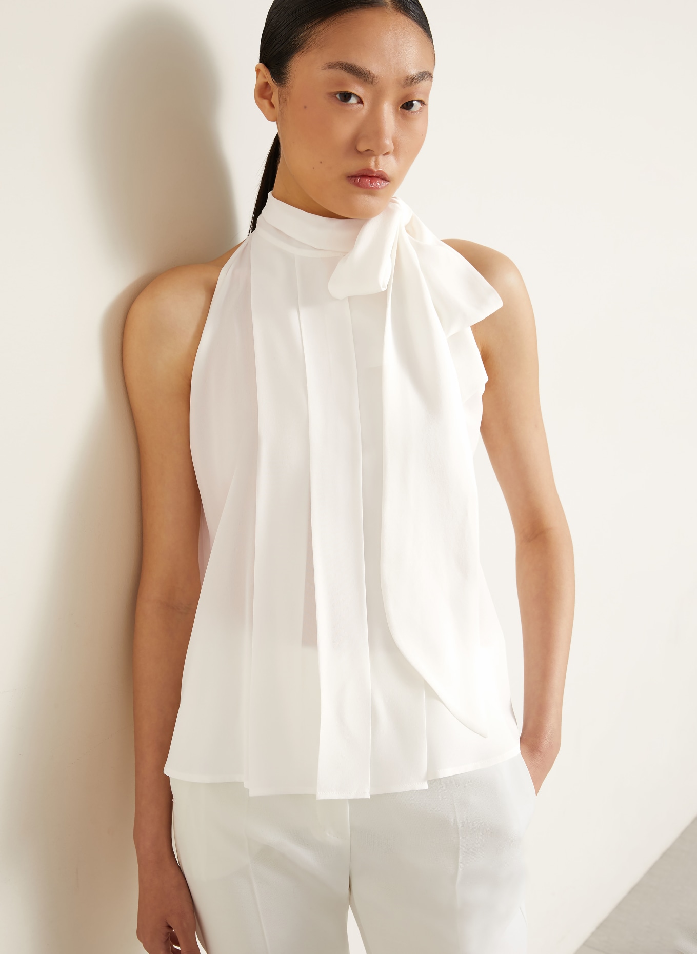 Max Mara FUNE Silk Blouse Top with Bow: WHITE