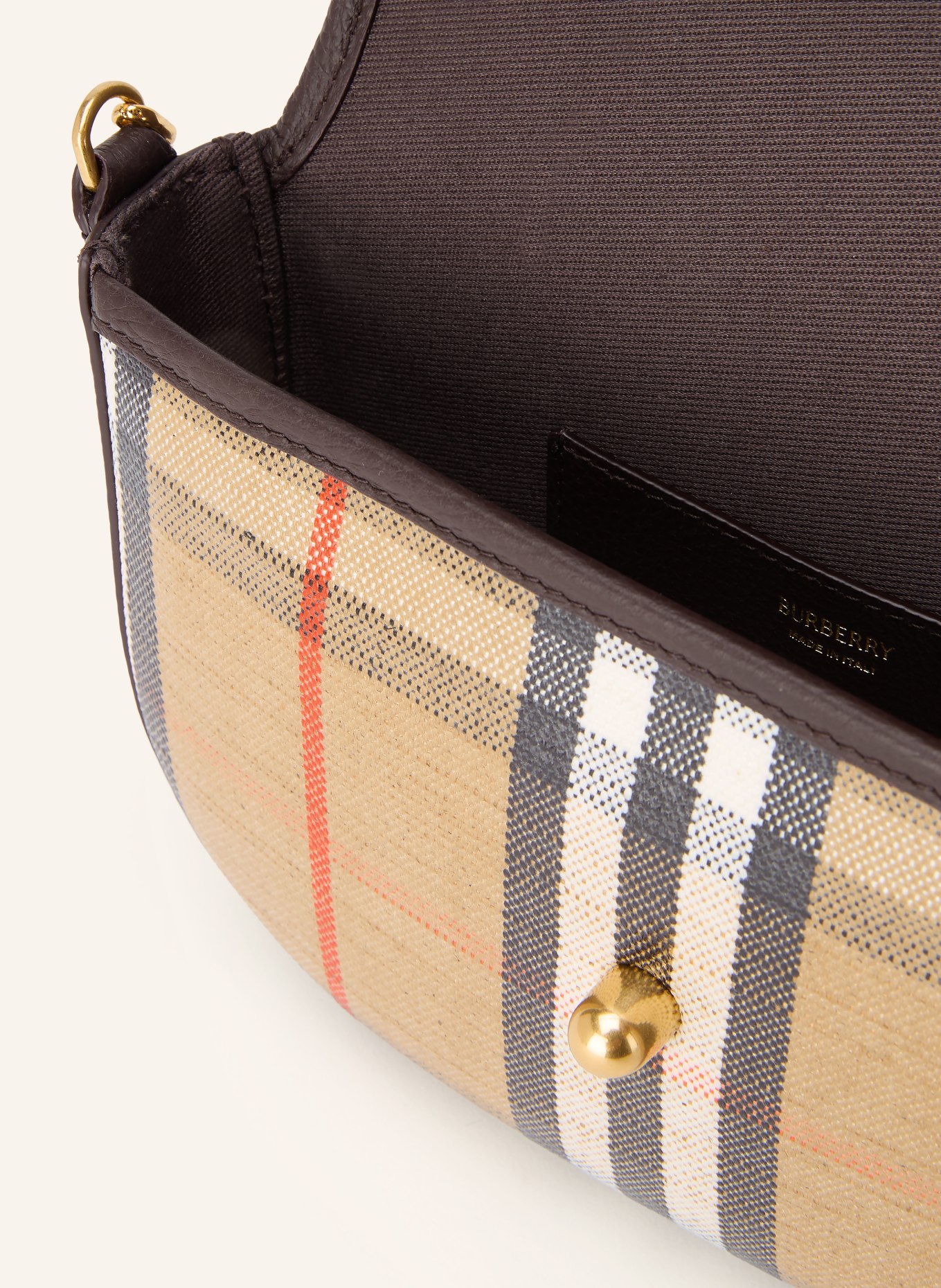 BURBERRY Kabelka přes rameno HIGHLANDS SMALL: BÉŽOVÁ / TMAVĚ HNĚDÁ / BÍLÁ