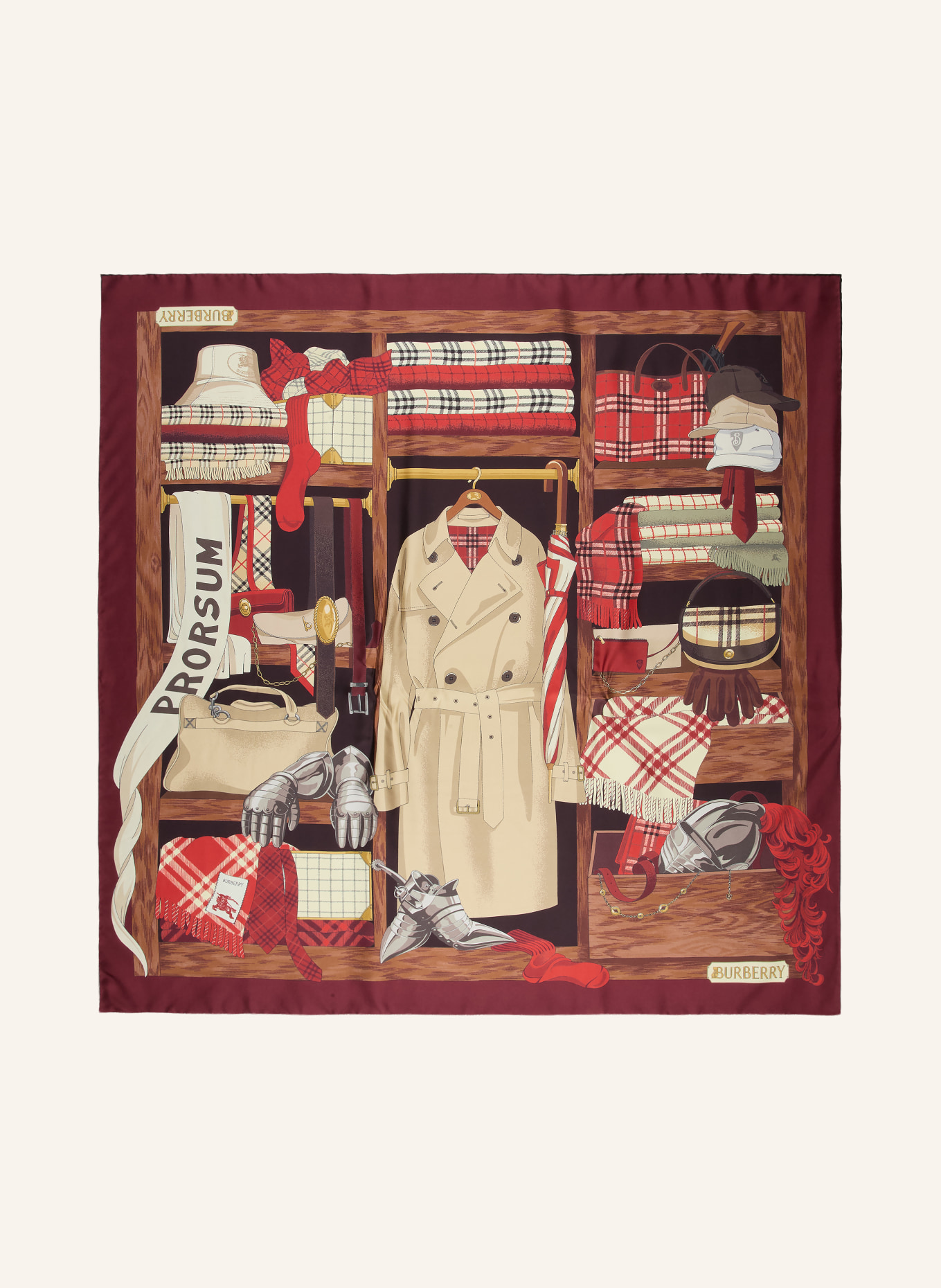 BURBERRY Seidentuch: ROT / HELLBRAUN / BRAUN