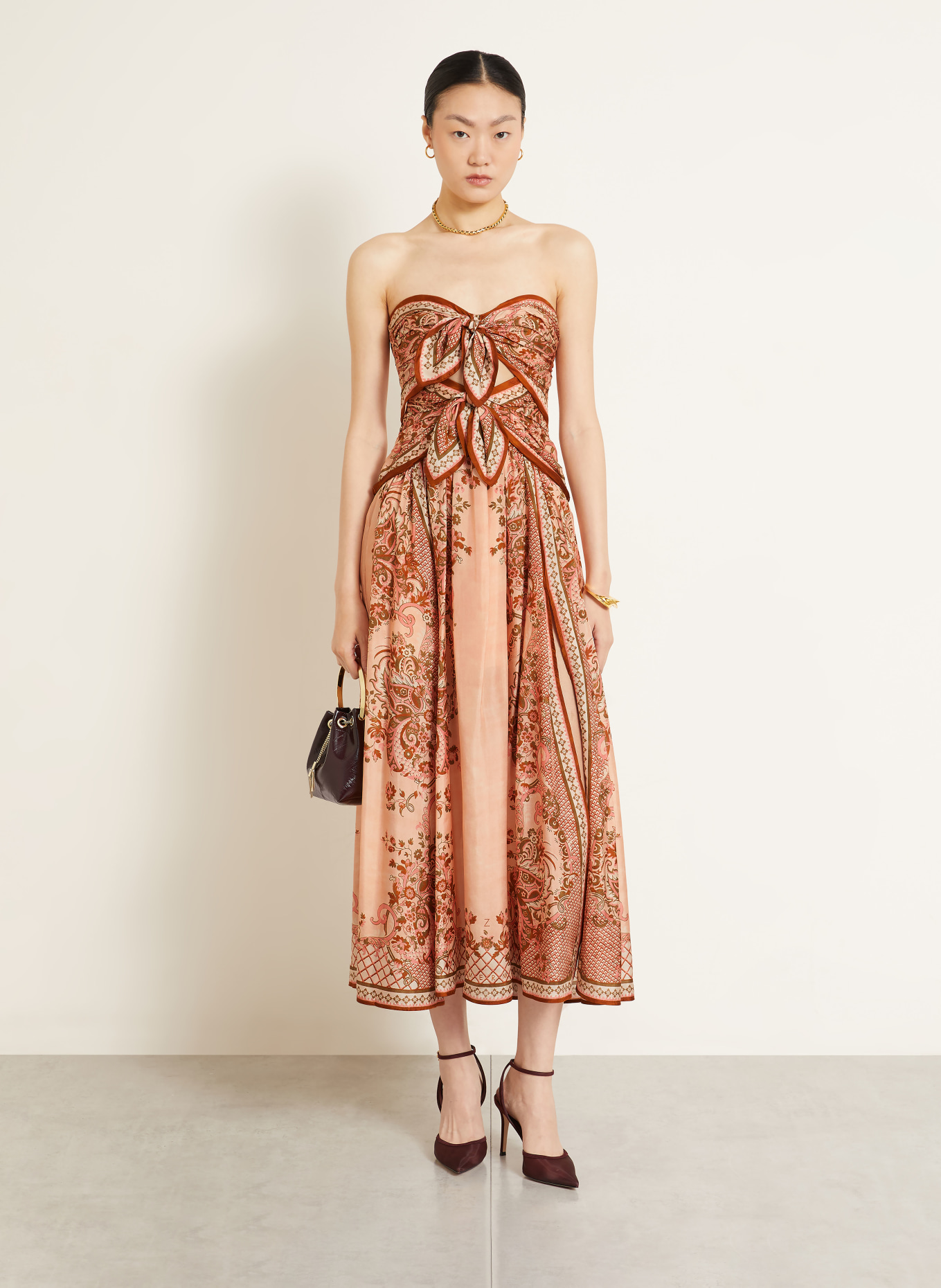 ZIMMERMANN ASTER silk dress with cutouts: ROSE / DARK ORANGE / KHAKI