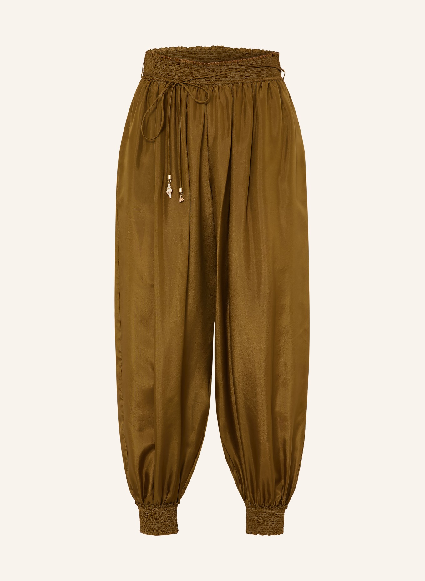 ZIMMERMANN MAHON silk satin pants with ruffles: OLIVE