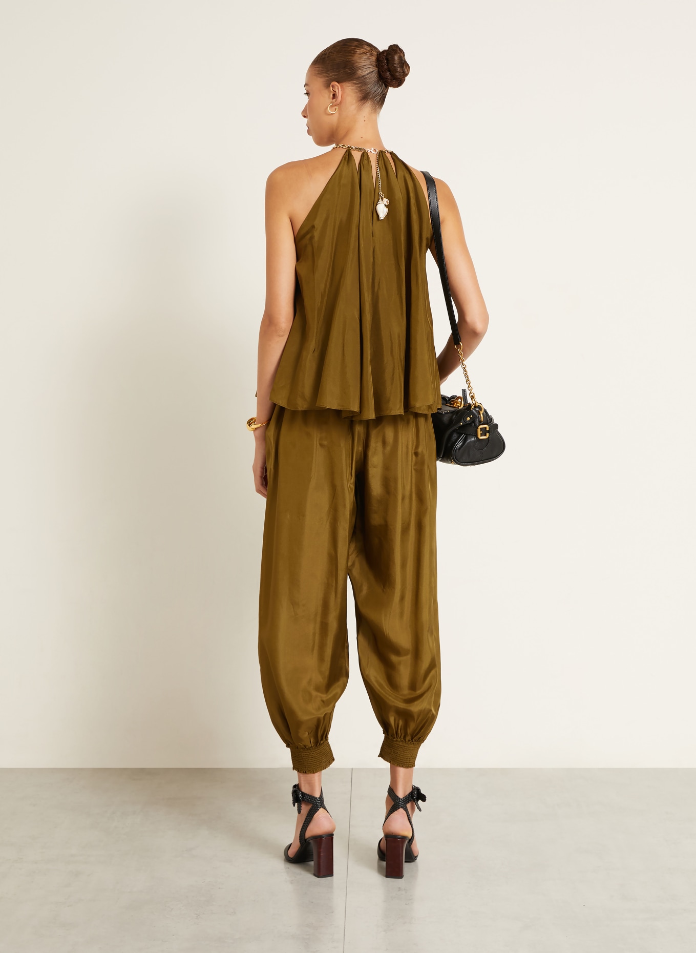 ZIMMERMANN MAHON silk satin pants with ruffles: OLIVE