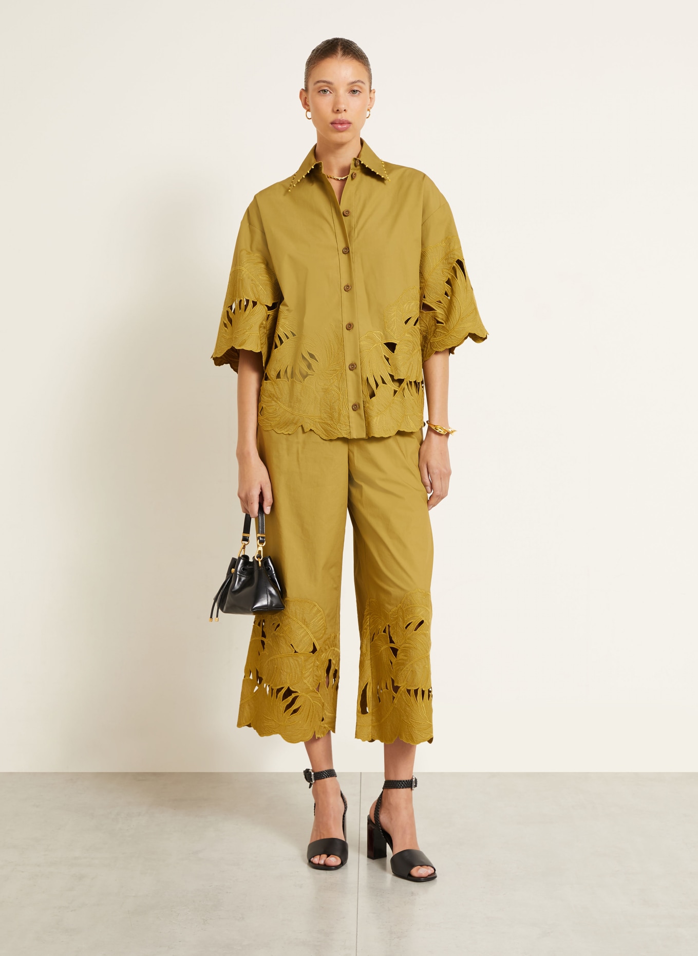 ZIMMERMANN MAHON shirt blouse with eyelet lace and decorative pearls: OLIVE