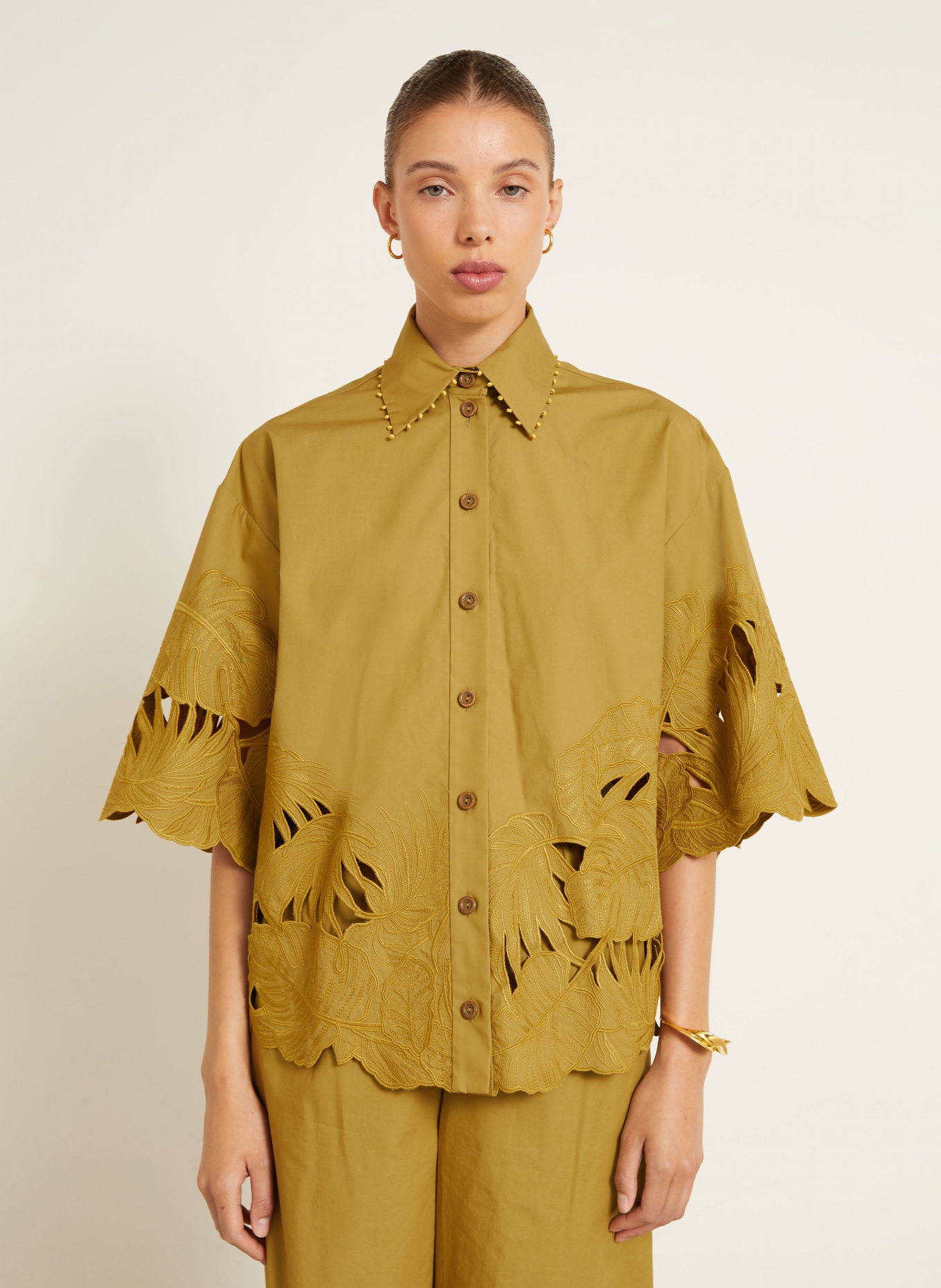 ZIMMERMANN MAHON shirt blouse with eyelet lace and decorative pearls: OLIVE