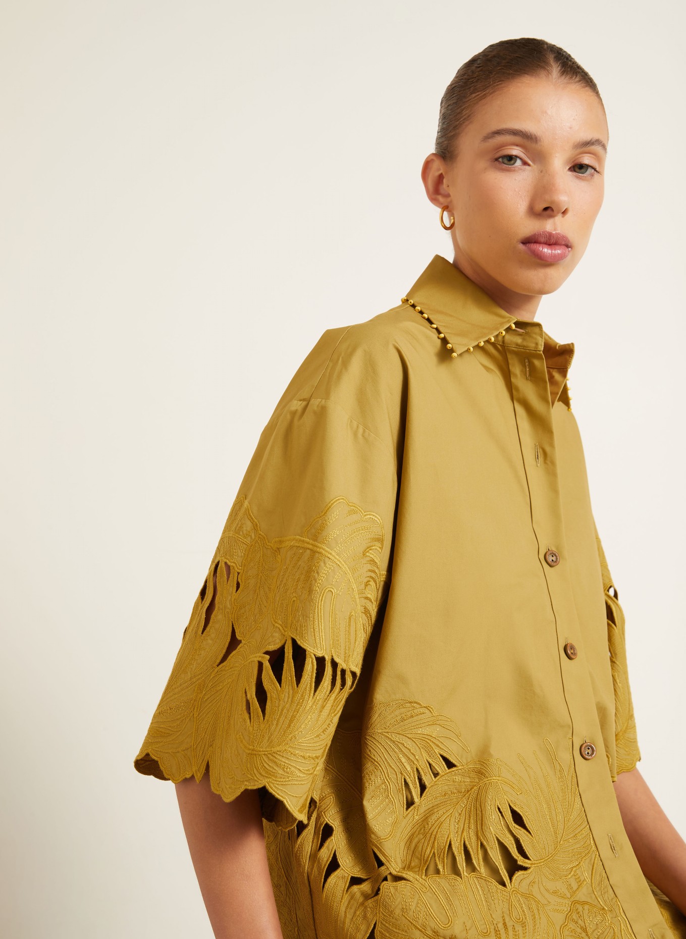 ZIMMERMANN MAHON shirt blouse with eyelet lace and decorative pearls: OLIVE