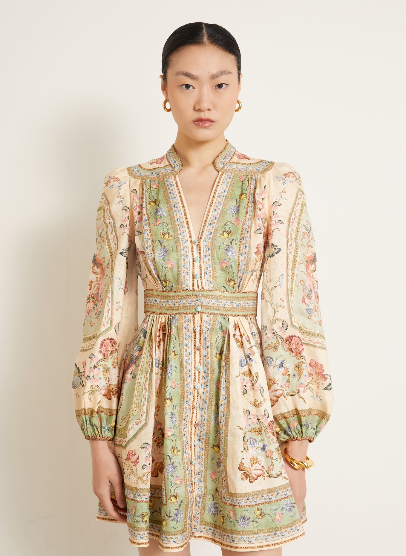 ZIMMERMANN Kleid ROSELIGHT: ECRU / HELLROSA / HELLGRÜN