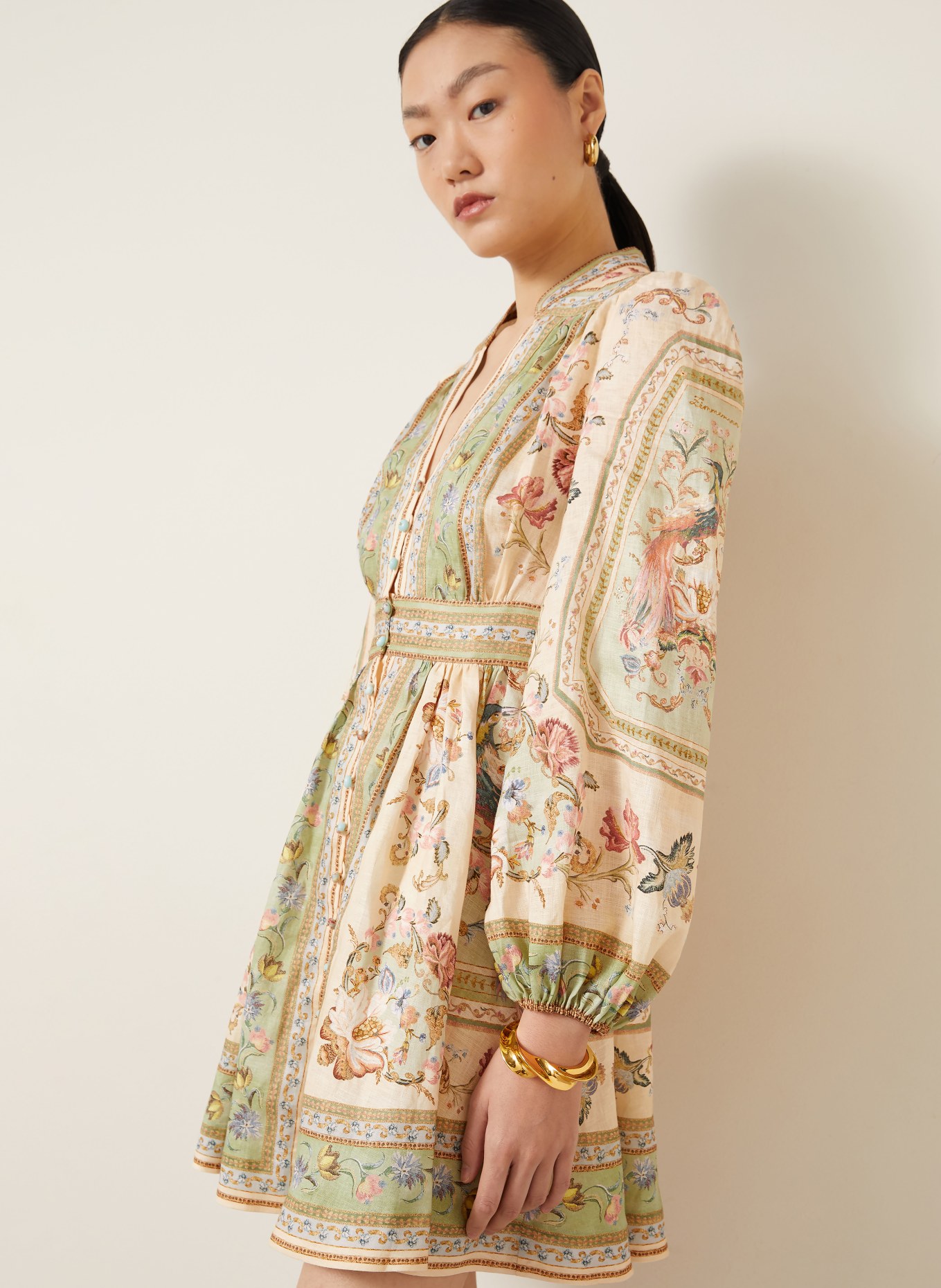 ZIMMERMANN Kleid ROSELIGHT: ECRU / HELLROSA / HELLGRÜN