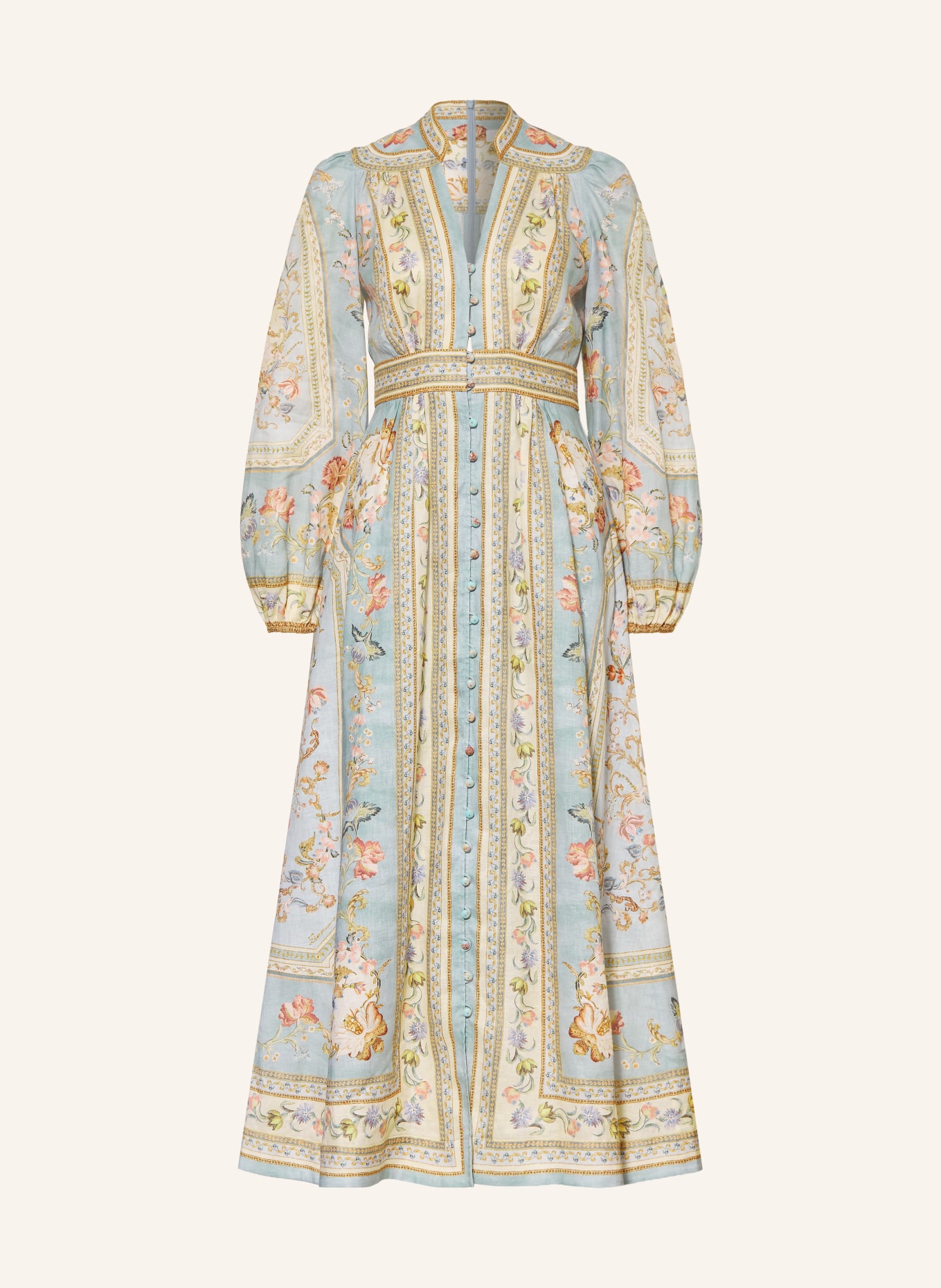 ZIMMERMANN Leinenkleid ROSELIGHT PLUNGE: HELLBLAU / ROSA / BEIGE