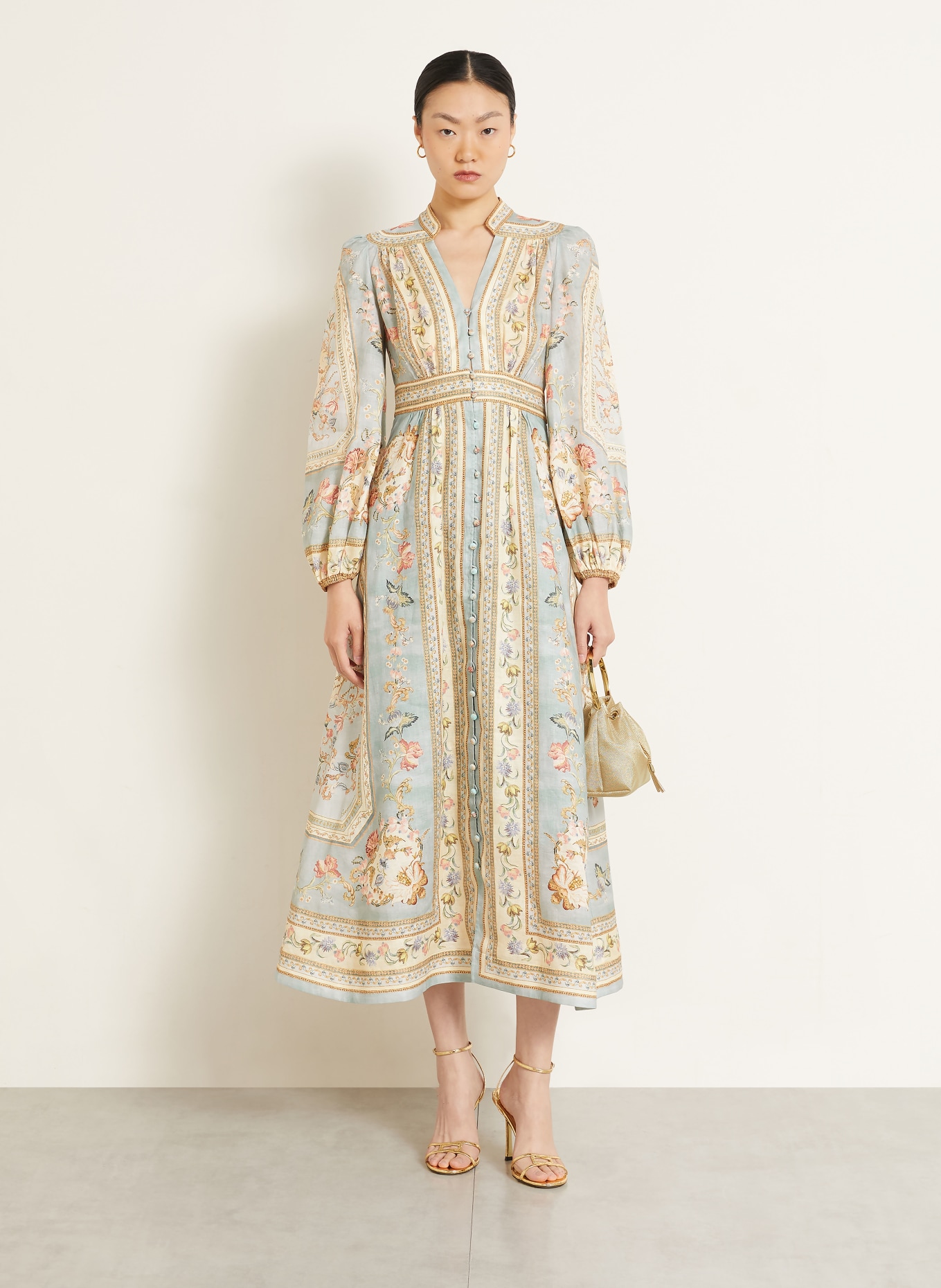 ZIMMERMANN Leinenkleid ROSELIGHT PLUNGE: HELLBLAU / ROSA / BEIGE