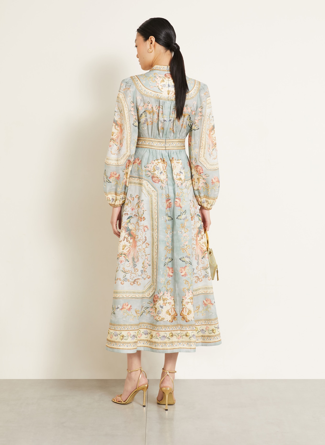 ZIMMERMANN Leinenkleid ROSELIGHT PLUNGE: HELLBLAU / ROSA / BEIGE