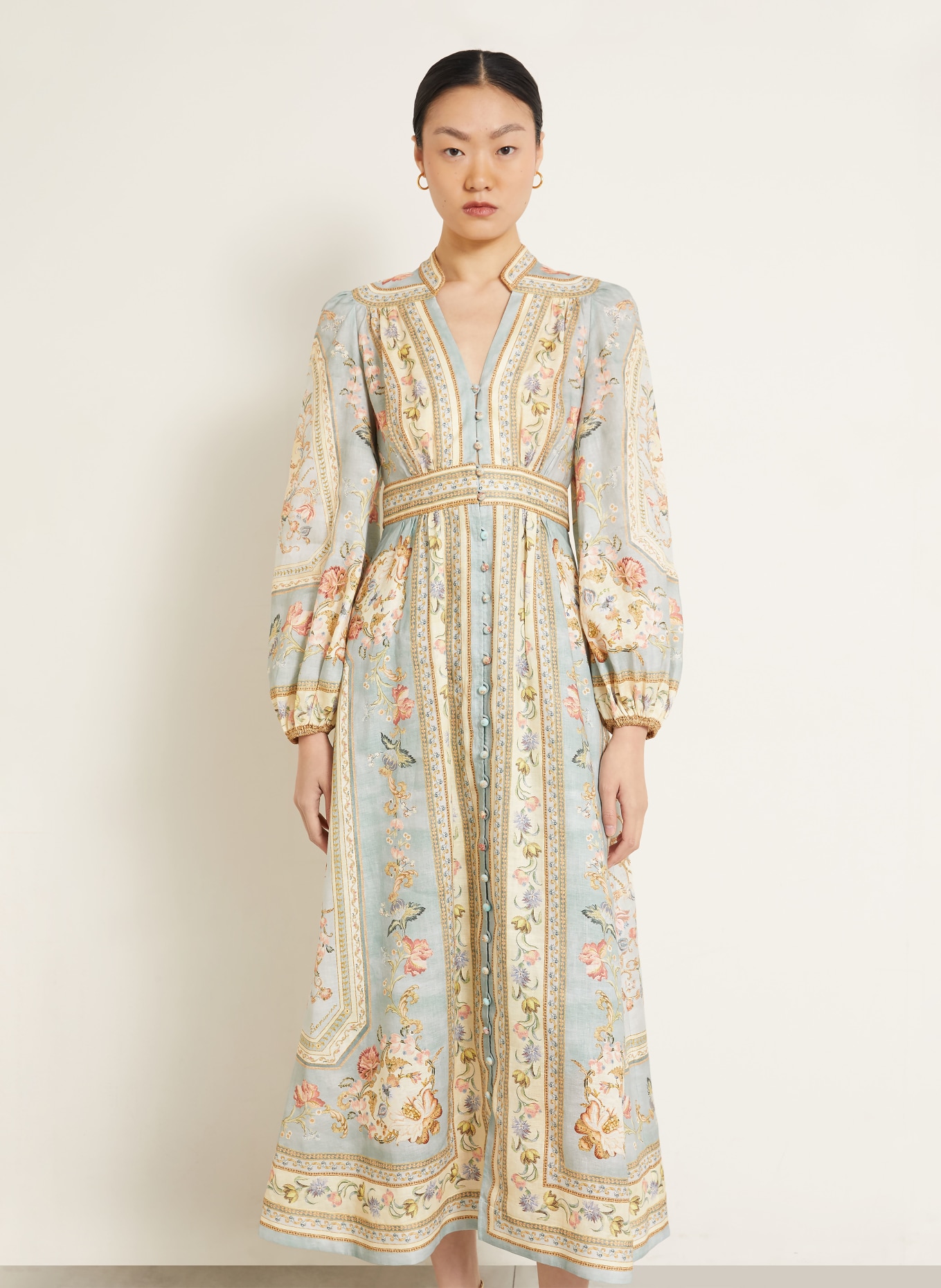 ZIMMERMANN Leinenkleid ROSELIGHT PLUNGE: HELLBLAU / ROSA / BEIGE