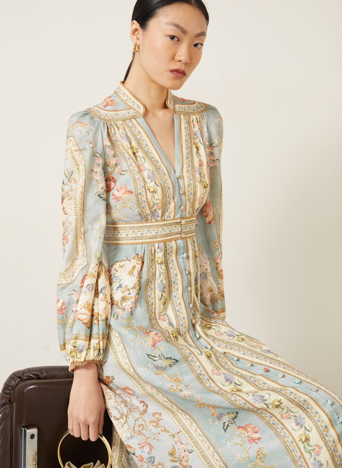 ZIMMERMANN Leinenkleid ROSELIGHT PLUNGE: HELLBLAU / ROSA / BEIGE