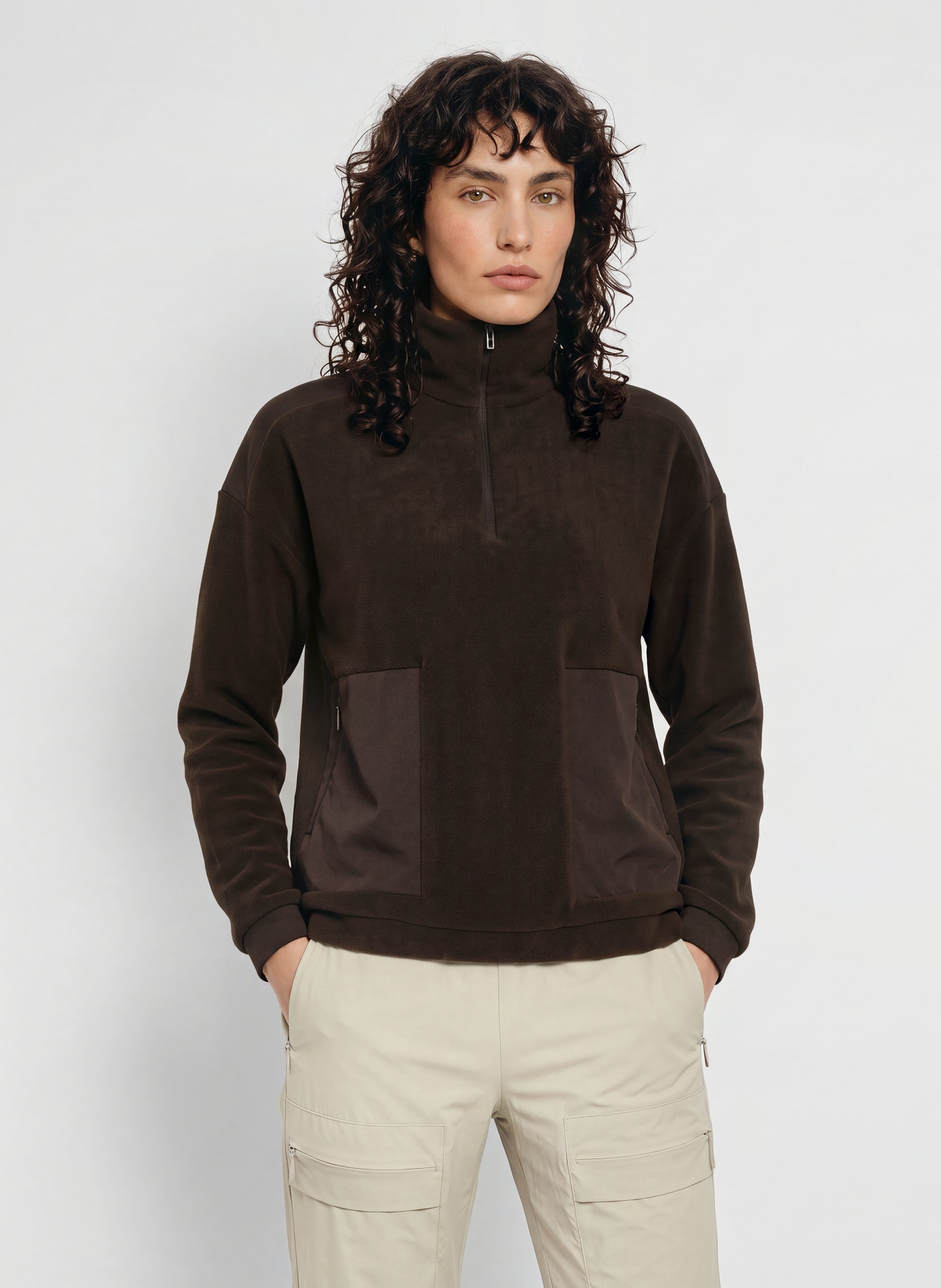 JEANNE BARET Sweter typu troyer z polaru ROCHEFORT: CIEMNOBRĄZOWY