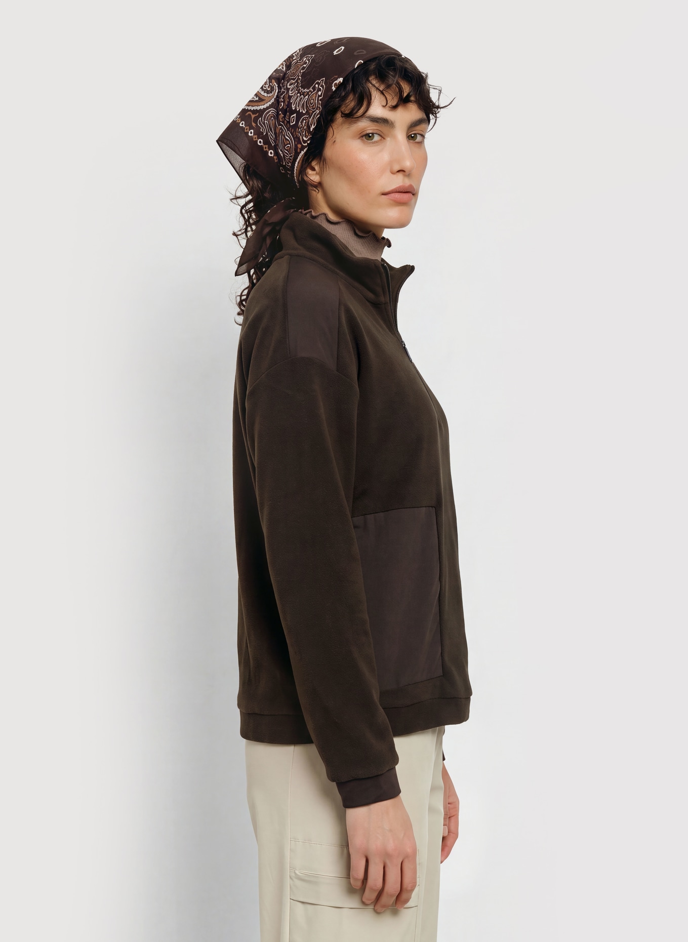 JEANNE BARET Sweter typu troyer z polaru ROCHEFORT: CIEMNOBRĄZOWY